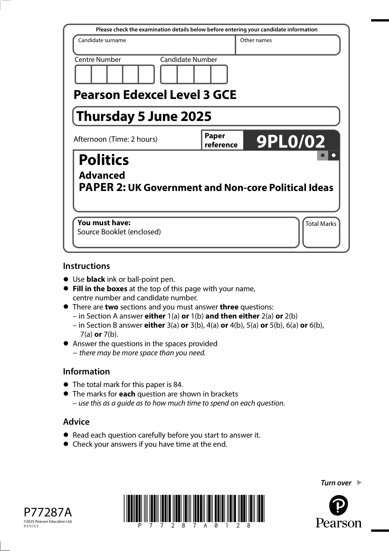 Pearson Edexcel A Level Politics 2025 Paper 2 Question Paper