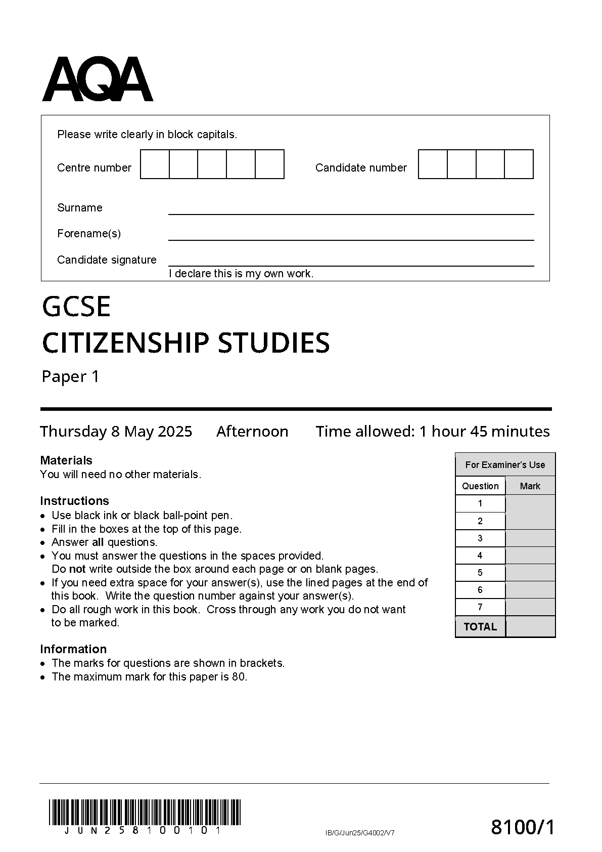 AQA GCSE Citizenship Studies Paper 1 2025 QP