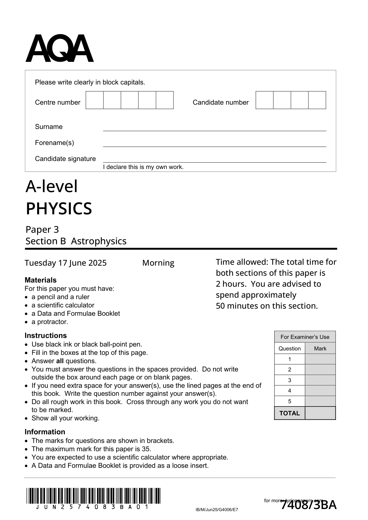 AQA A Level Physics Paper 3BA 2025 Question