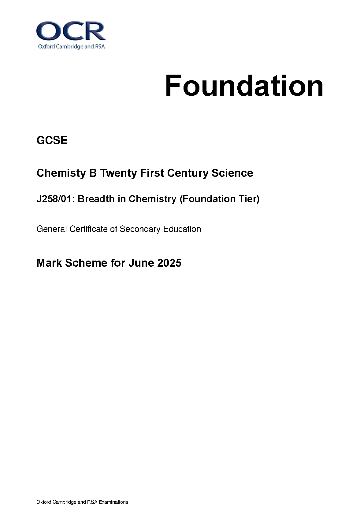 OCR GCSE Chemistry Paper 12025 Mark Scheme