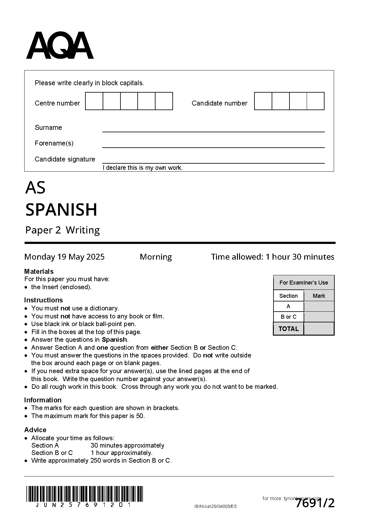 AQA AS Spanish Paper 2 2025 Question Paper