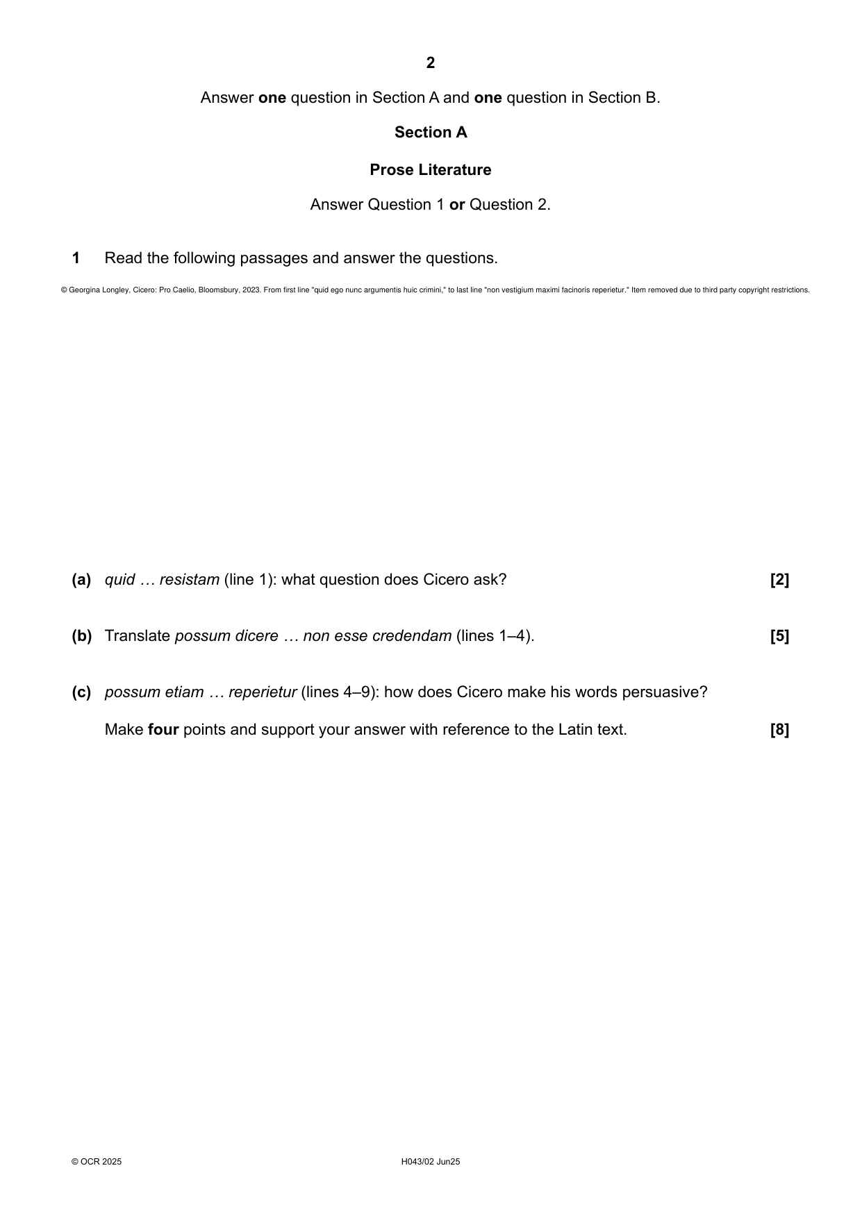 OCR AS Level Paper 2 Latin 2025 Question Paper