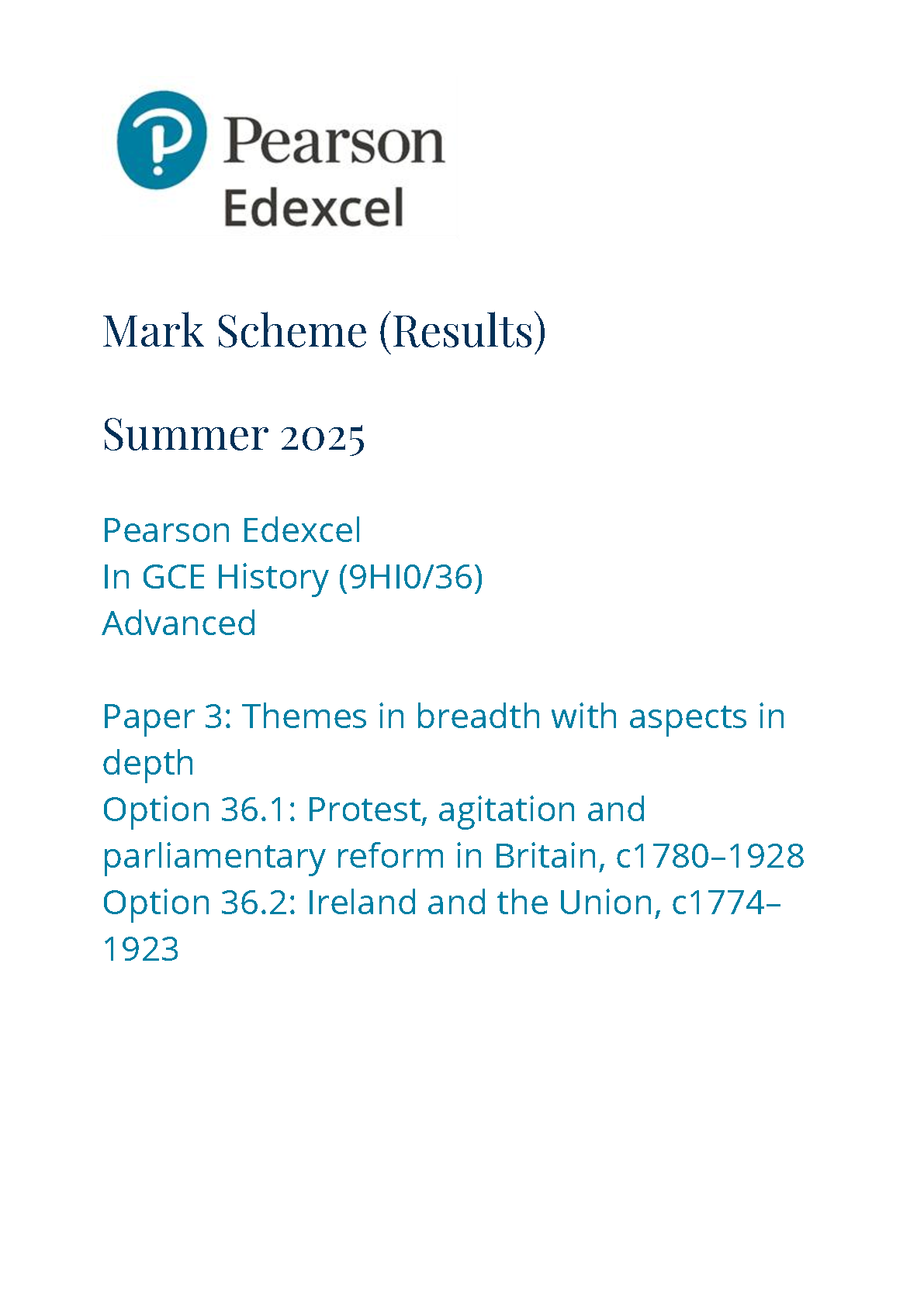 Pearson Edexcel A Level History Paper 36 2025 Mark Scheme IMG-1