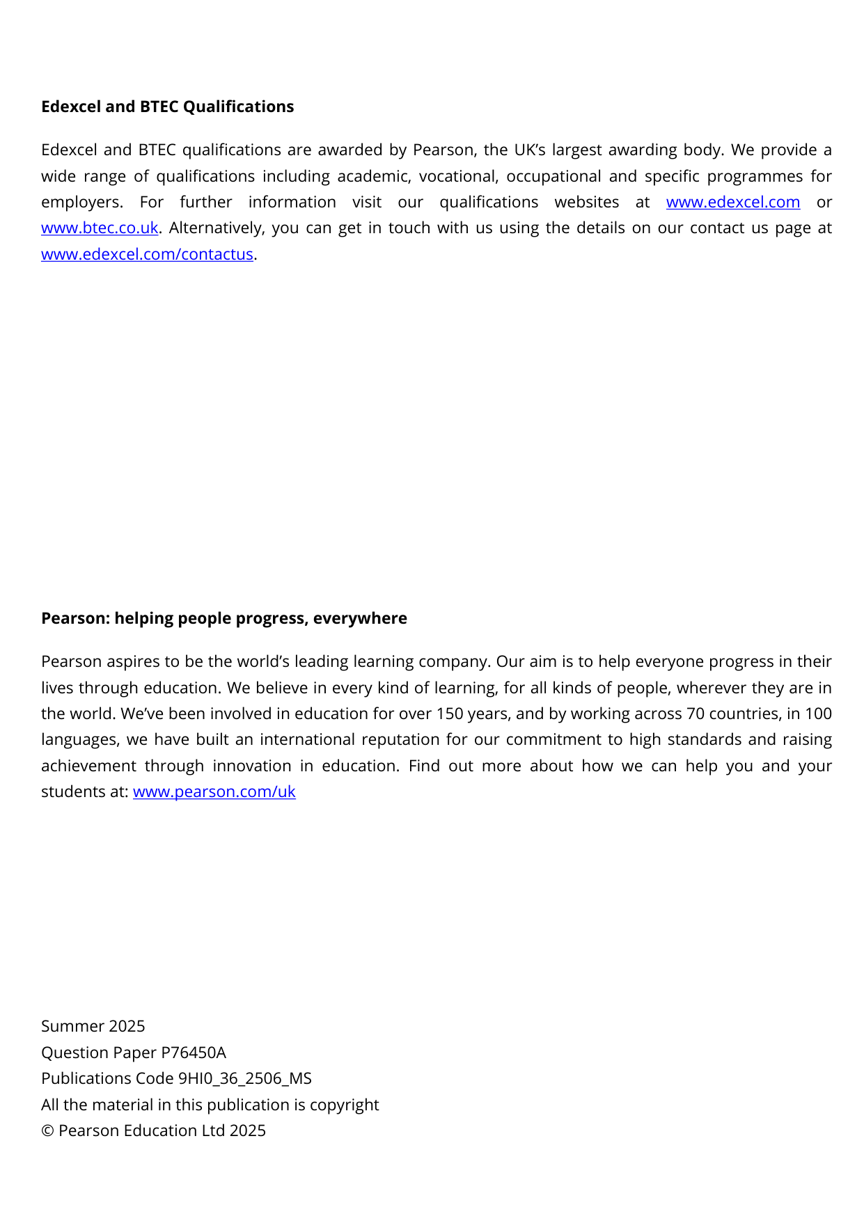 Pearson Edexcel A Level History Paper 36 2025 Mark Scheme