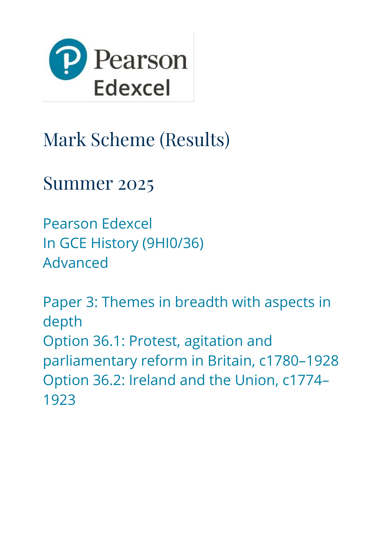 Pearson Edexcel A Level History Paper 36 2025 Mark Scheme