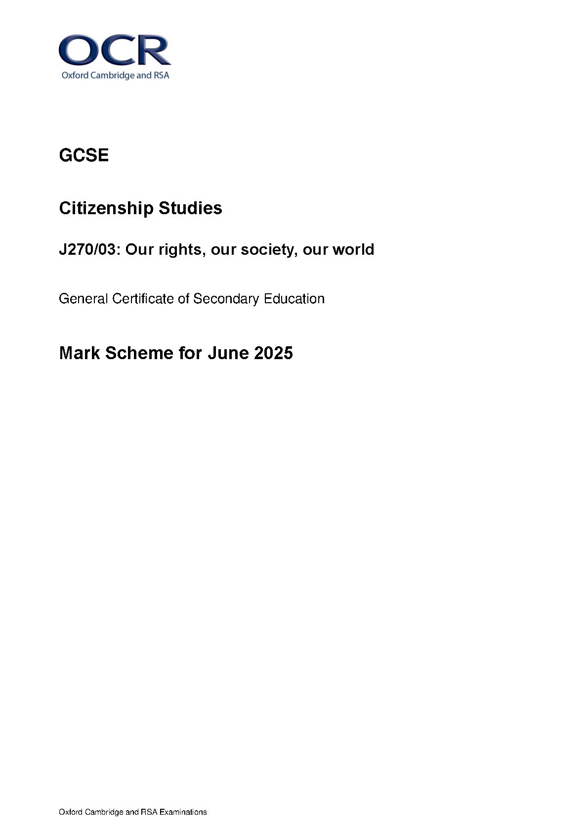 OCR GCSE Citizenship Studies Paper 3 2025 Mark Scheme
