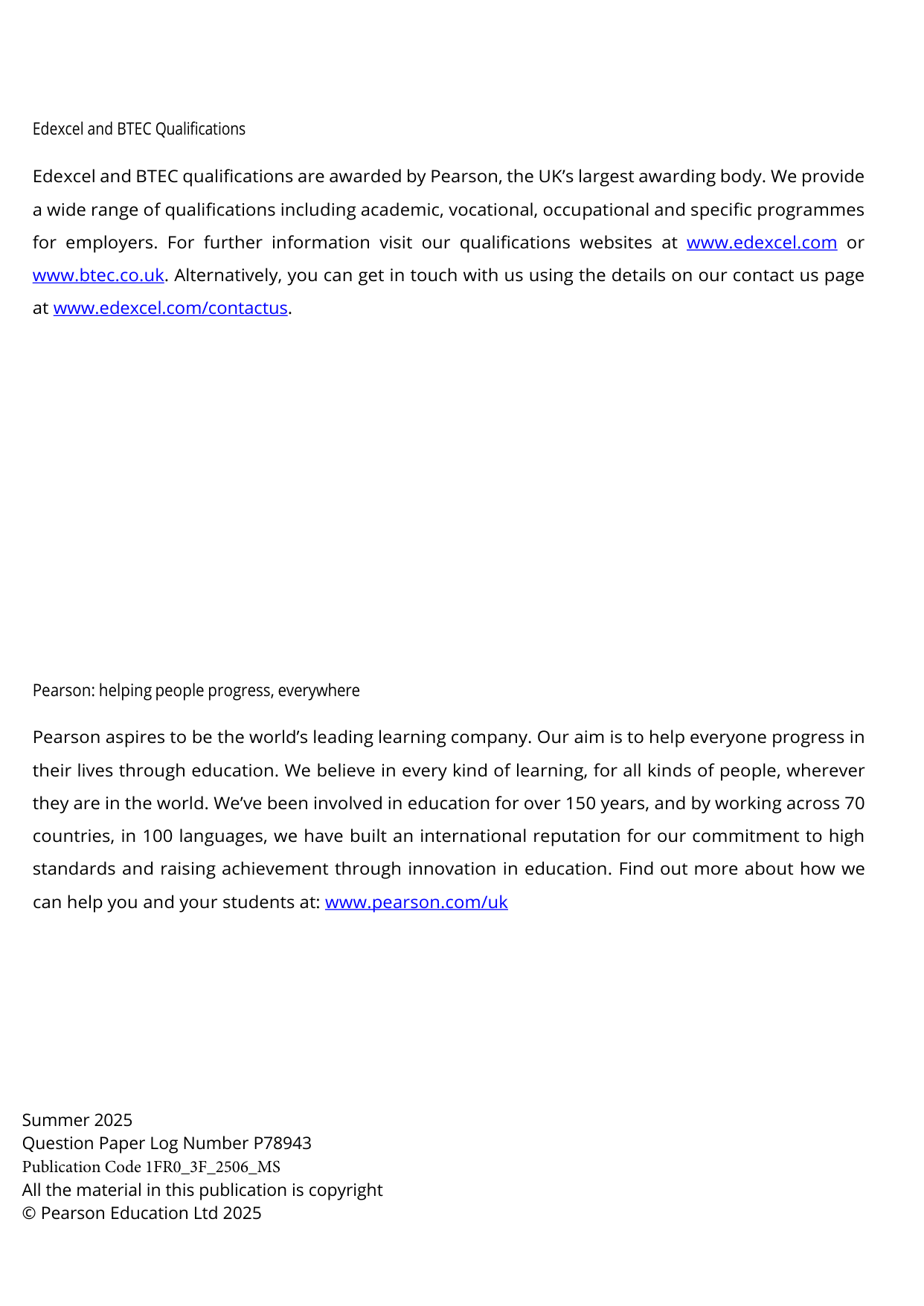 Pearson Edexcel GCSE French Paper 3F 2025 Mark Scheme PDF
