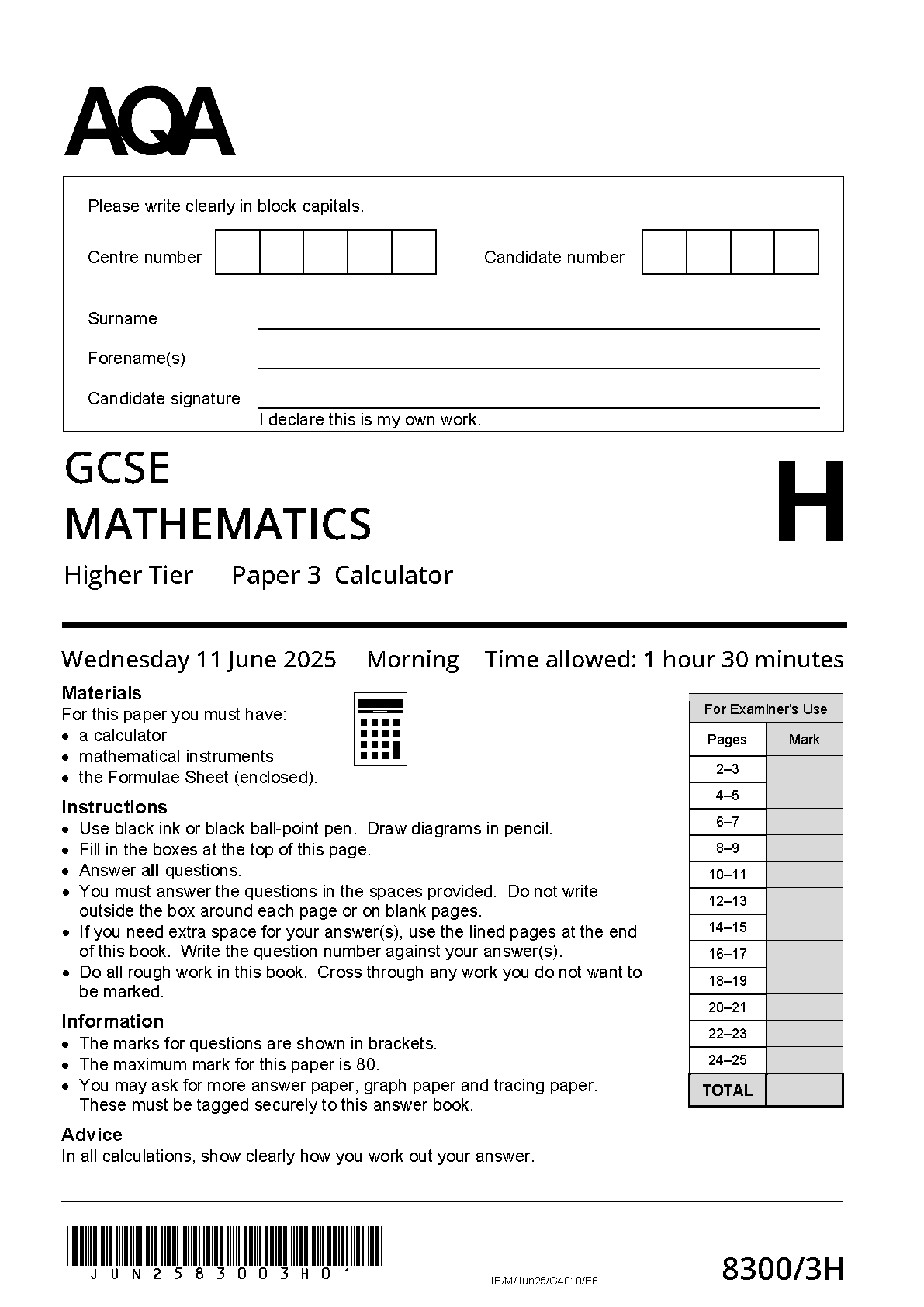 AQA GCSE Maths Paper 3H 2025 Question Paper IMG-1