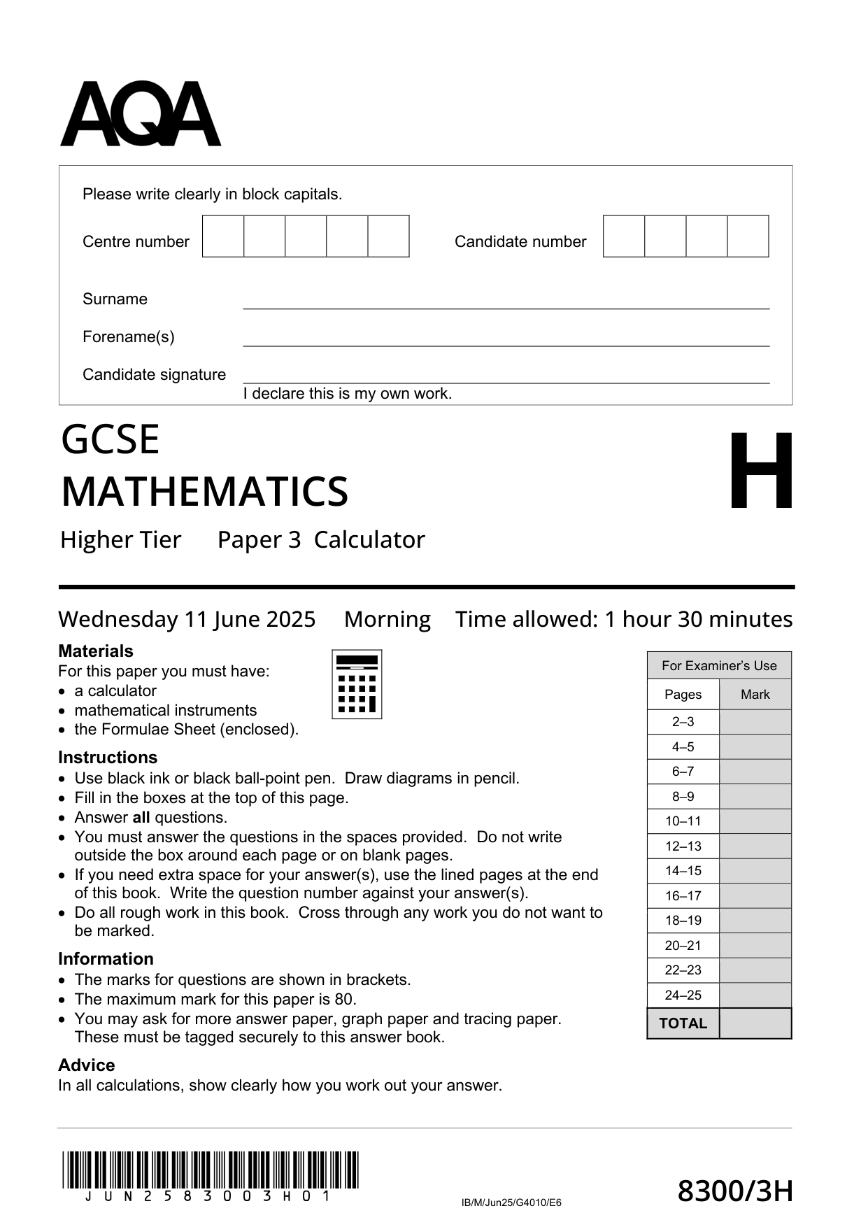 AQA GCSE Maths Paper 3H 2025 Question Paper