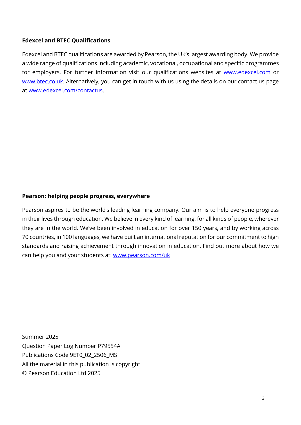 Pearson Edexcel A Level English Literature 2025 Paper 2 MS