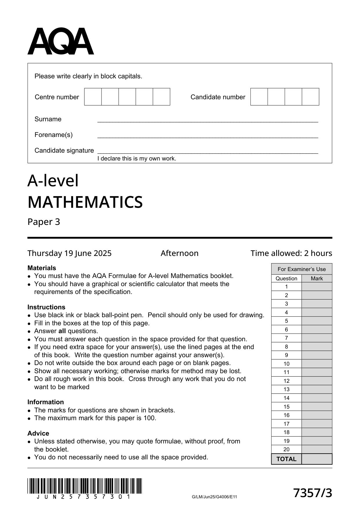 AQA A Level Mathematics  Paper 3  2025 QP