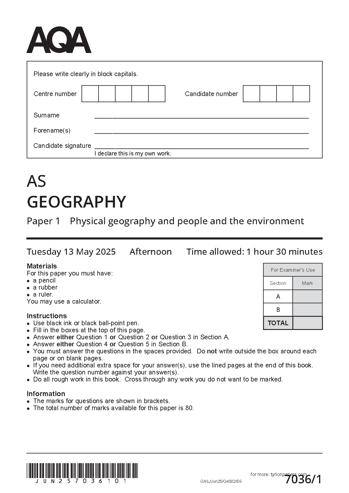 AQA AS Geography Paper 1 2025 Question Paper