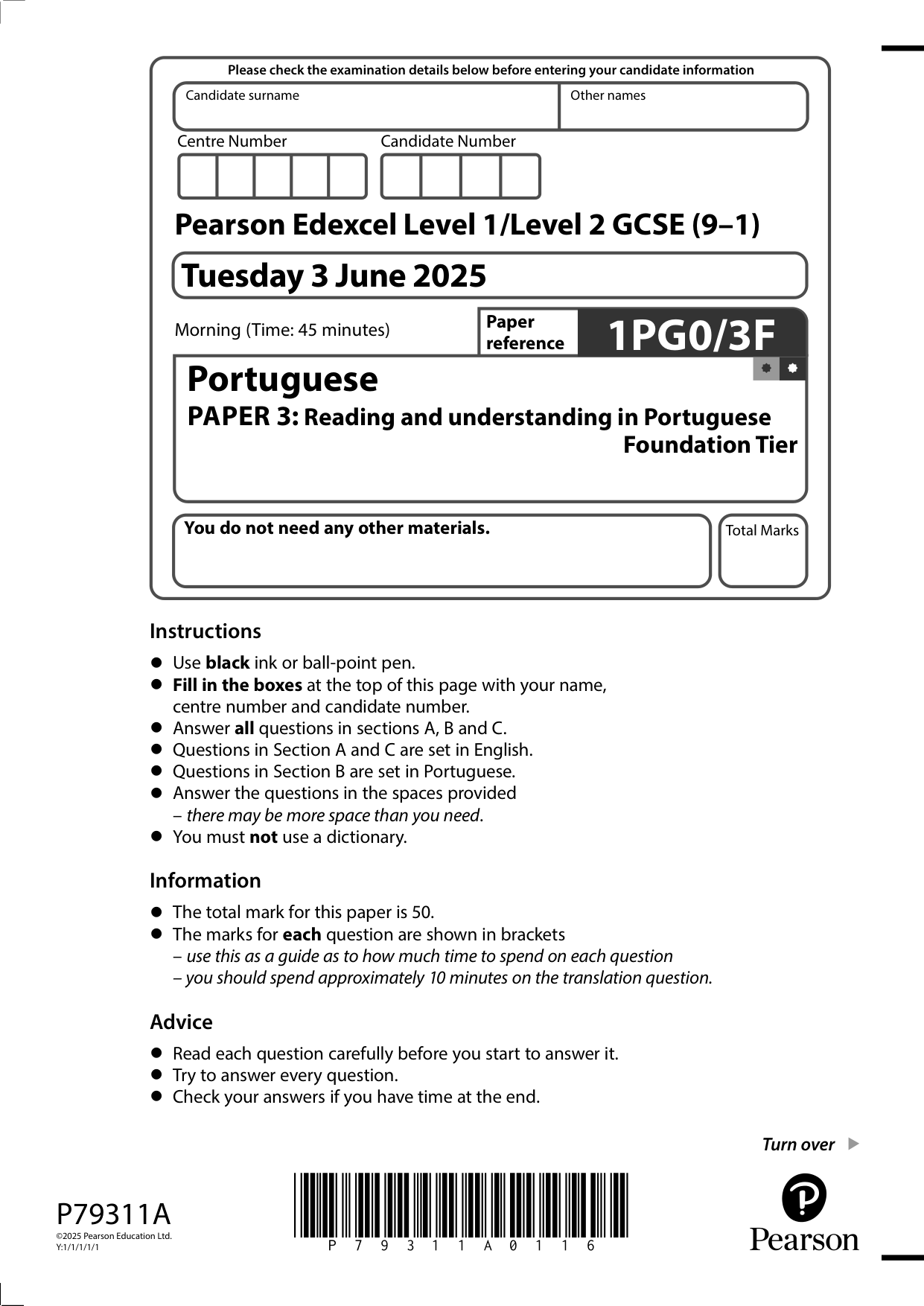 Pearson Edexcel GCSE Portuguese Paper 3F 2025 Question Paper