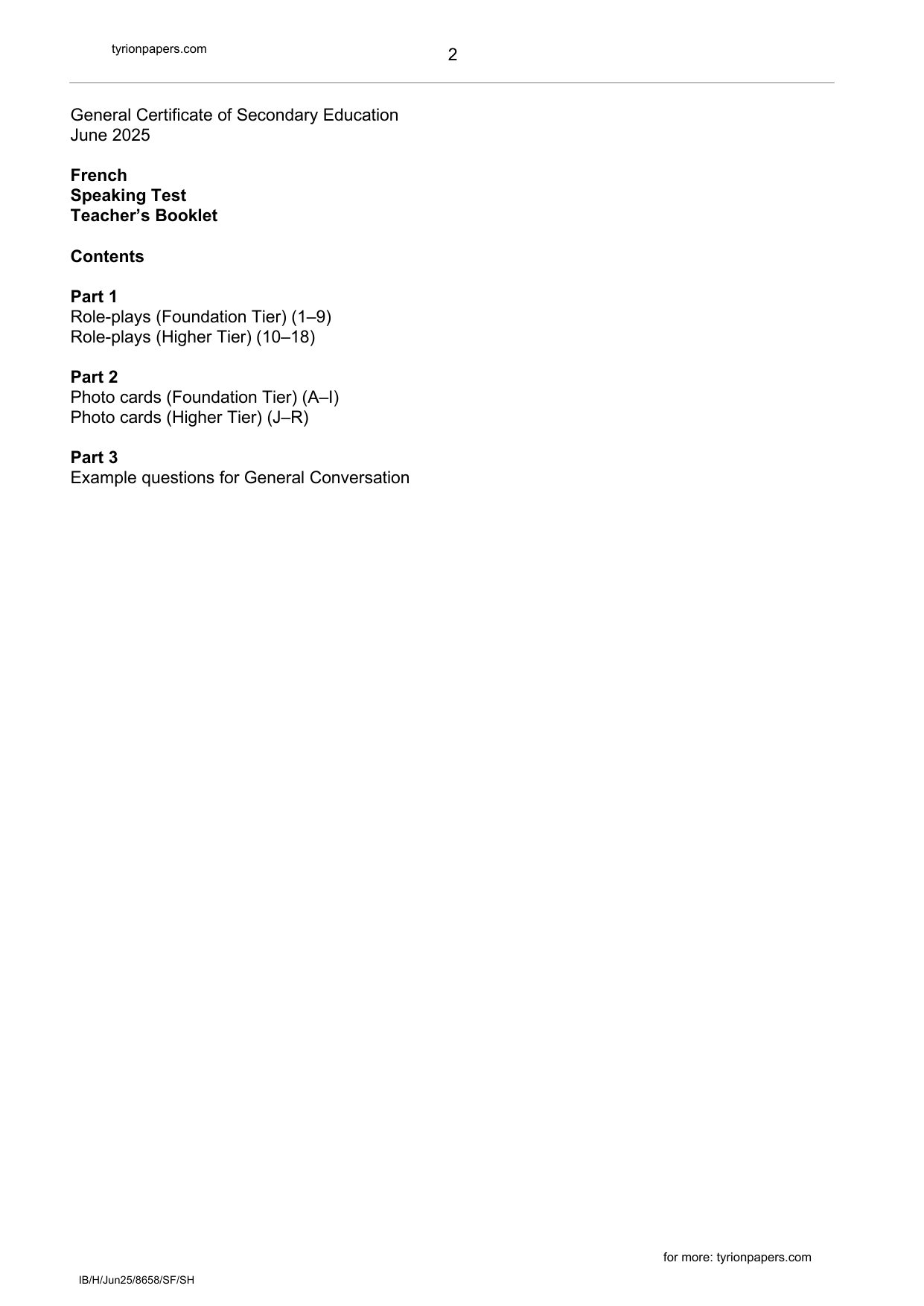 AQA GCSE French Speaking Teacher Booklet 2025 PDF