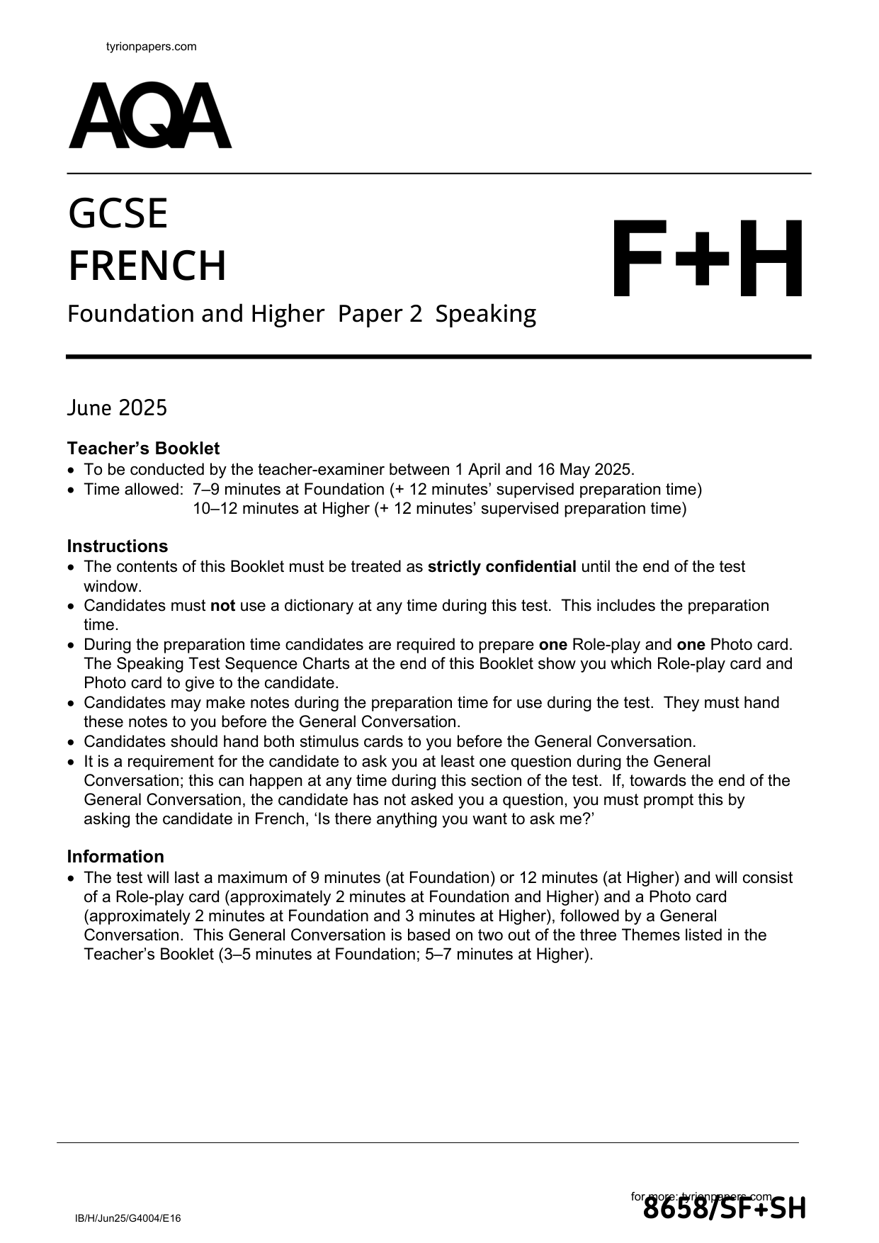 AQA GCSE French Speaking Teacher Booklet 2025 PDF
