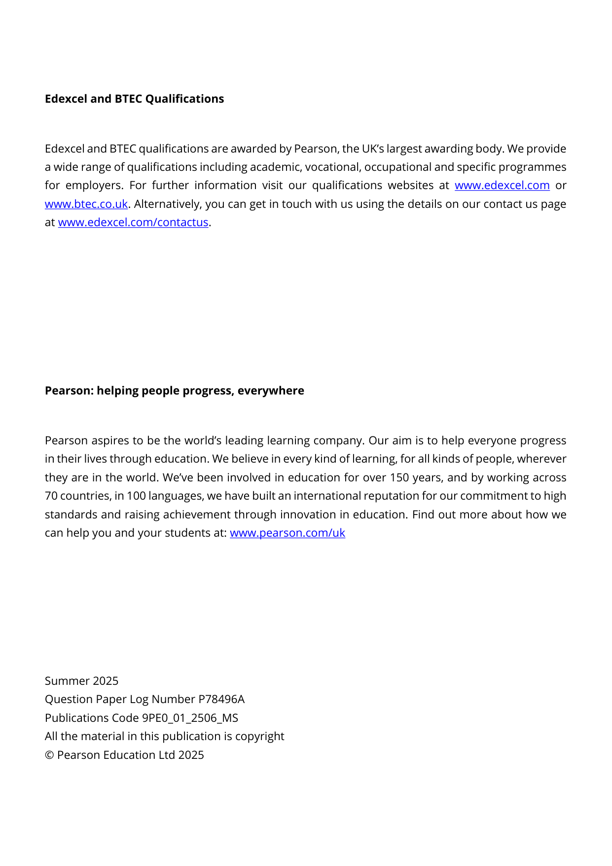 Pearson Edexcel A Level Physical Education Paper 1 2025 Ms