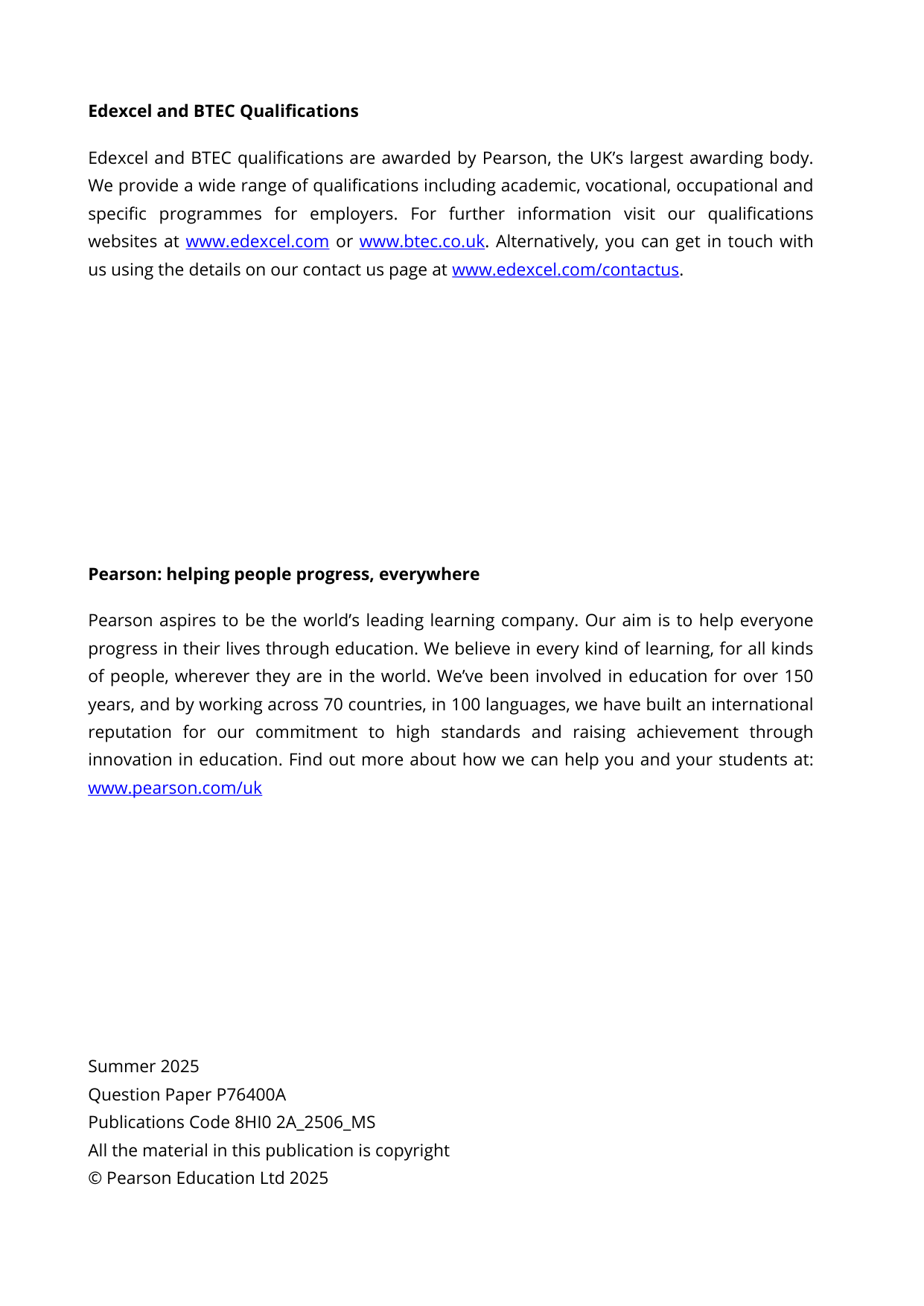 Pearson Edexcel AS History Paper 2A 2025 Mark Scheme PDF