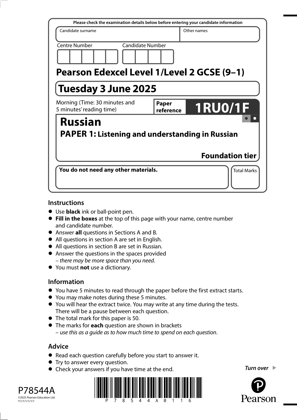 Pearson Edexcel GCSE Russian Paper 1F 2025 Question Paper