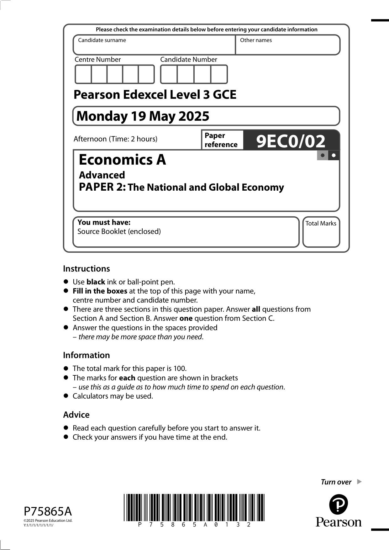 Pearson Edexcel A Level Economics A Paper 2 2025 QP