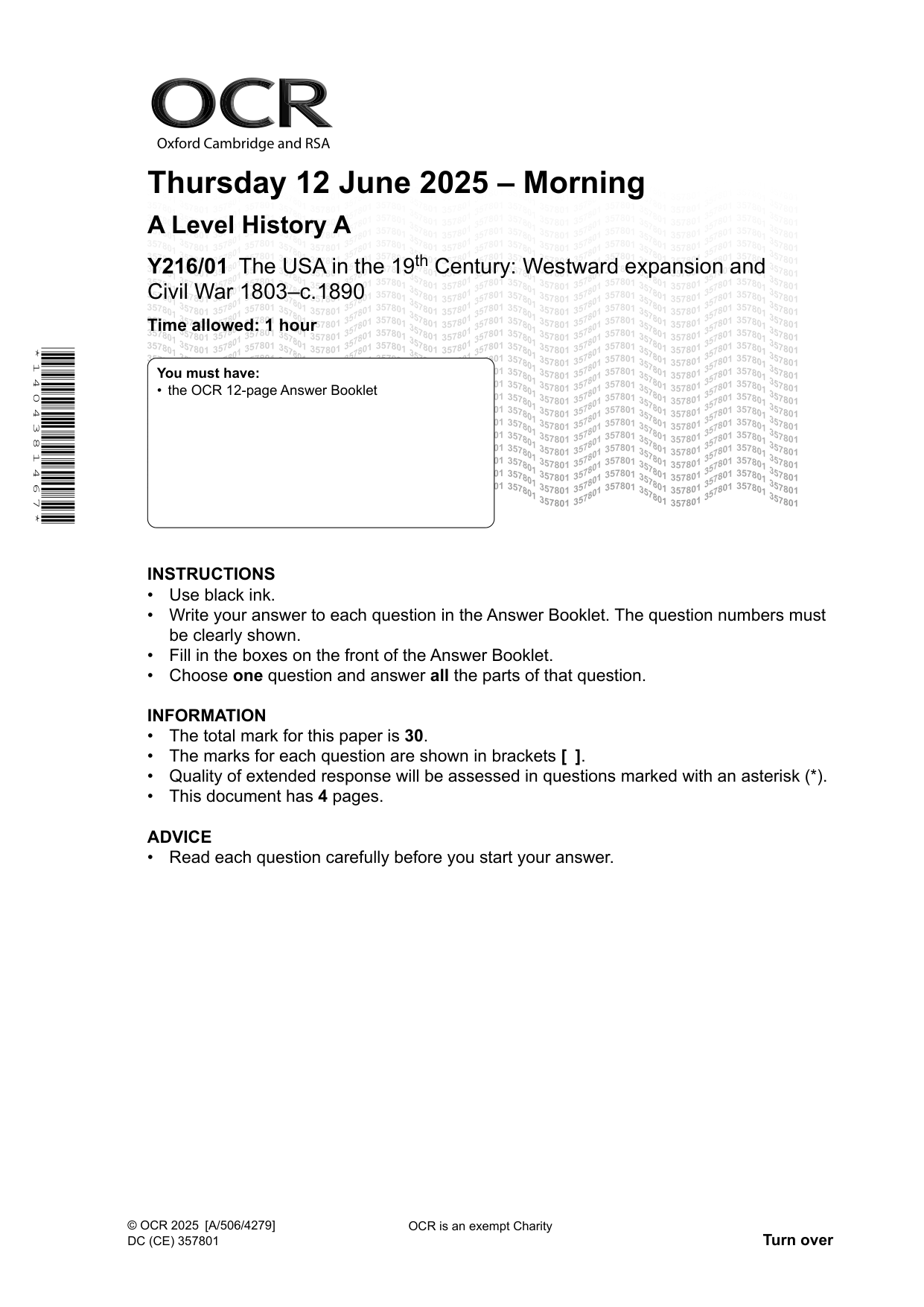 OCR A Level History A USA Westward Expansion 2025 QP