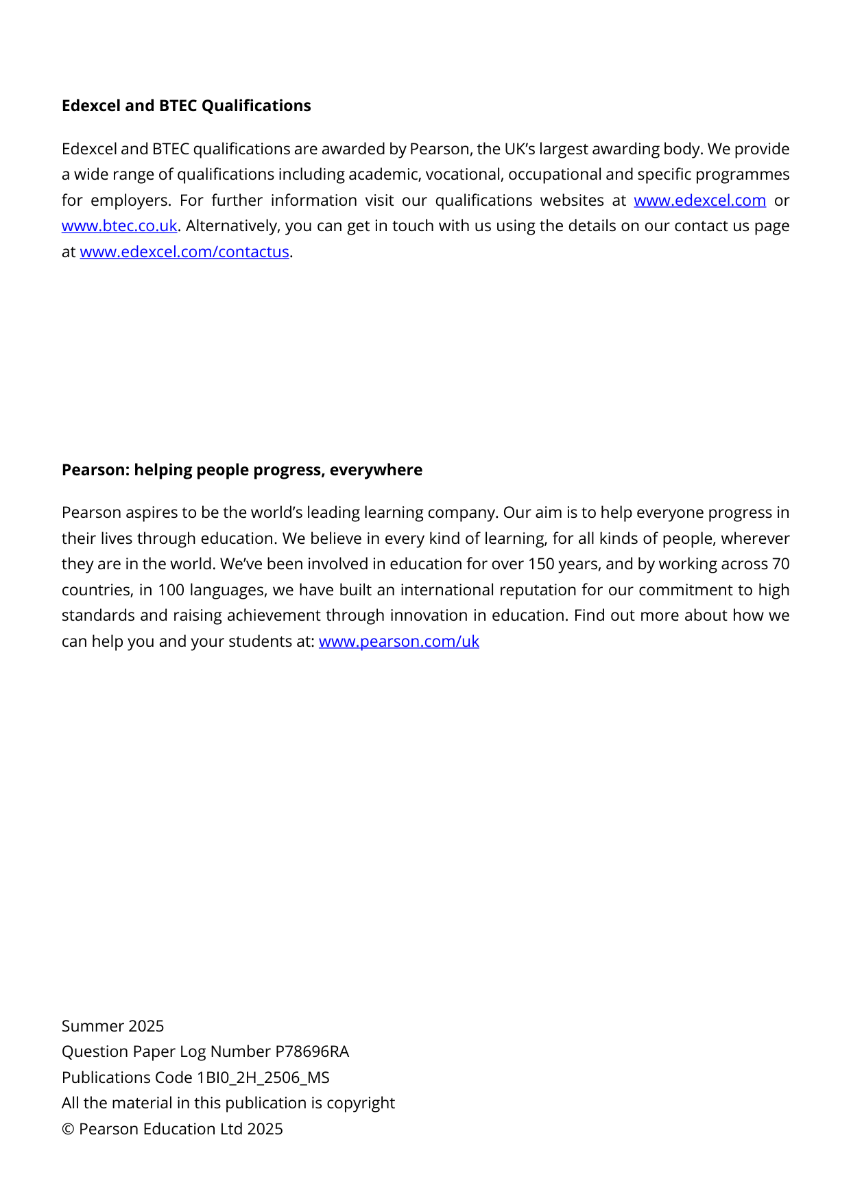 Pearson Edexcel GCSE Biology Paper 2H 2025 Mark Scheme