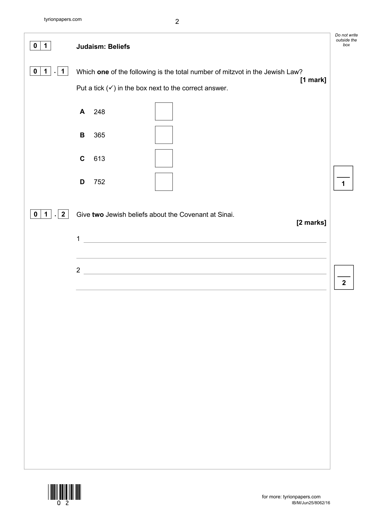 AQA GCSE Religious Studies A Paper 1 Judaism 2025 QP