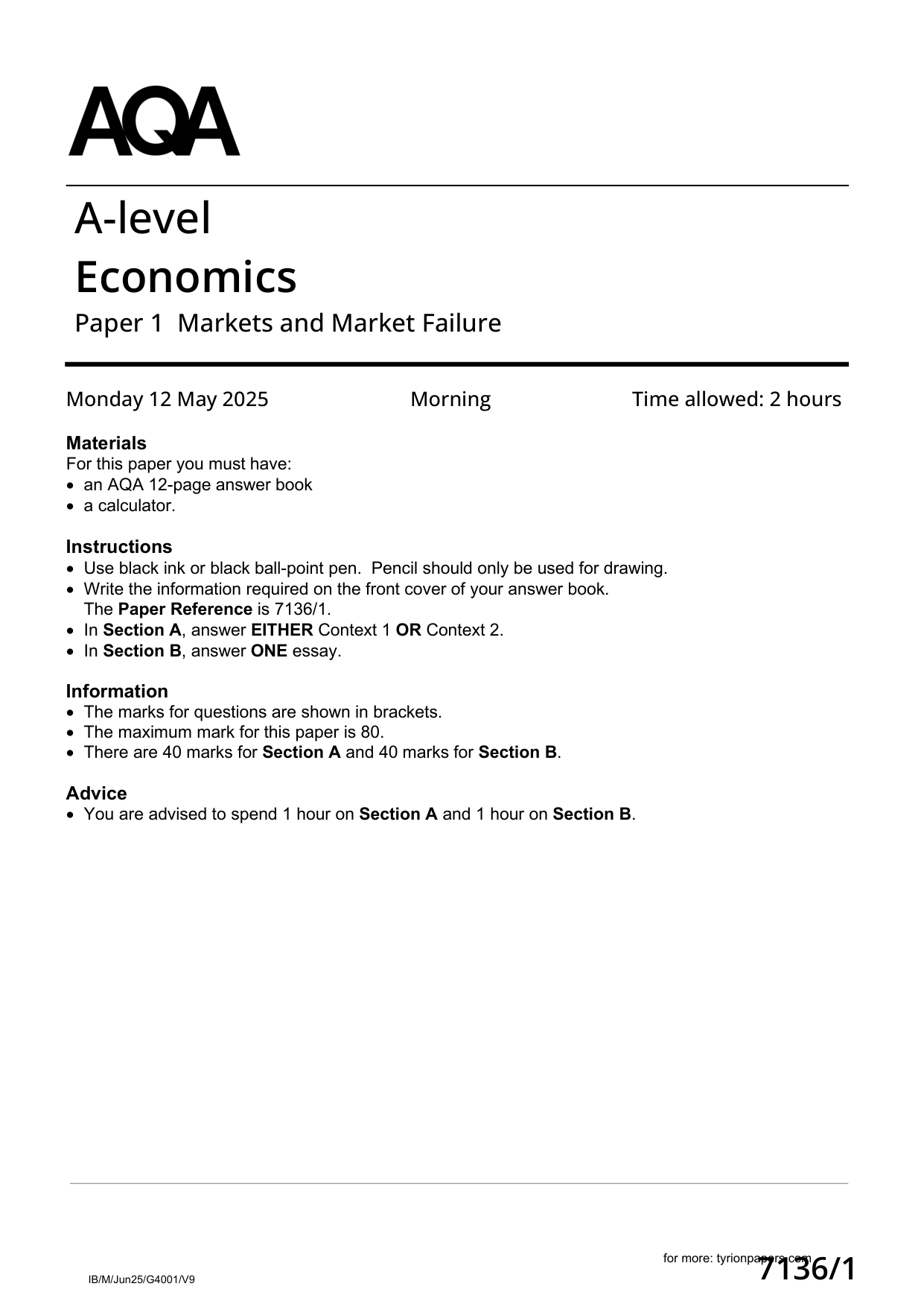 AQA A Level Economics Paper 1 2025 Question Paper PDF