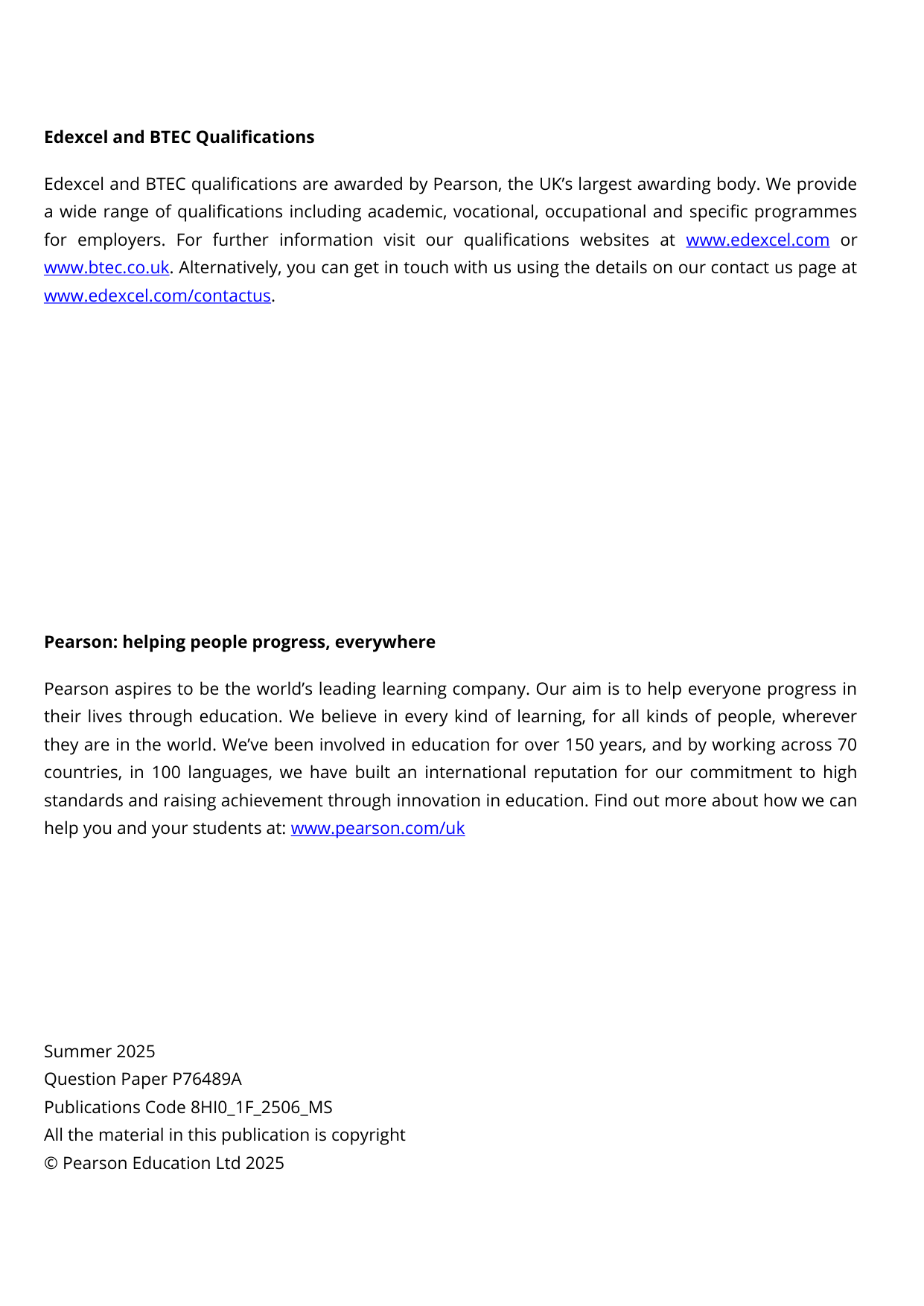 Pearson Edexcel AS History Paper 1F 2025 Mark Scheme PDF