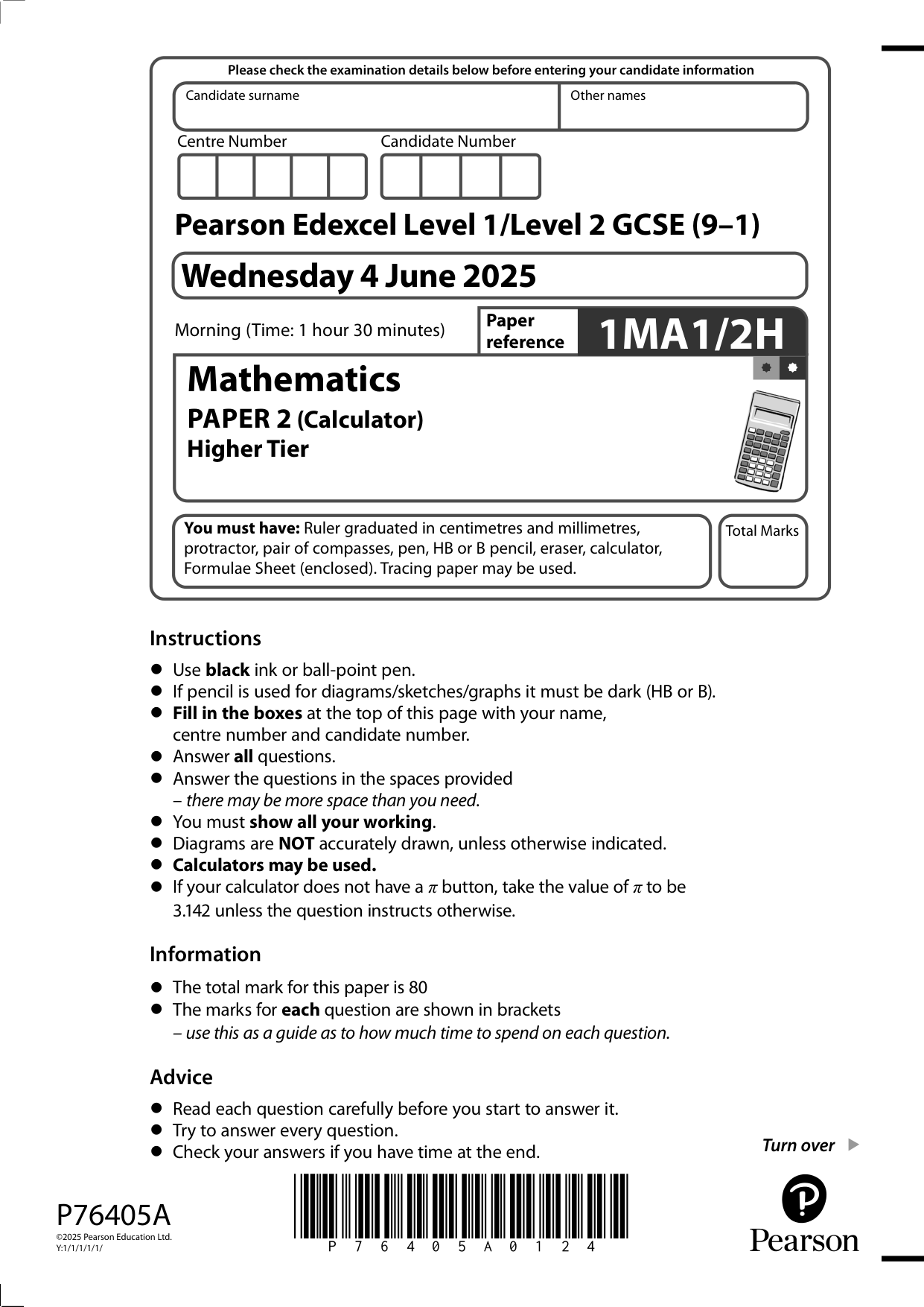Pearson Edexcel GCSE Maths Paper 2H 2025 Question Paper PDF