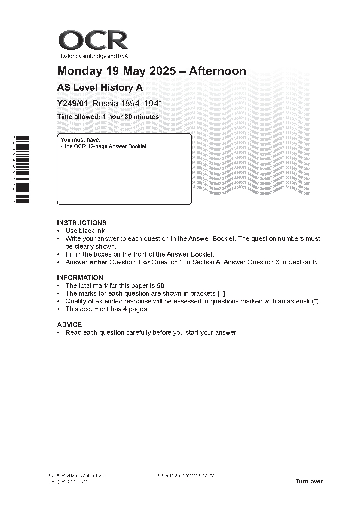 OCR AS Level History A Russia 1894 -1941 2025 Question Paper IMG-1