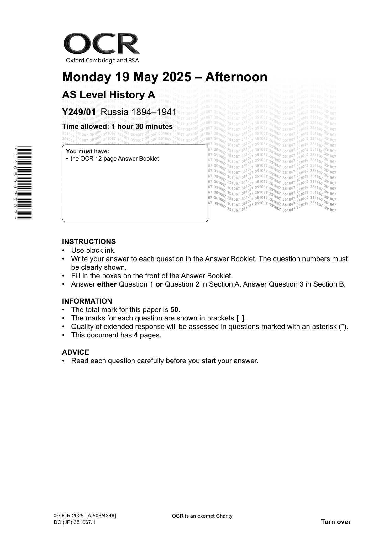 OCR AS Level History A Russia 1894 -1941 2025 Question Paper