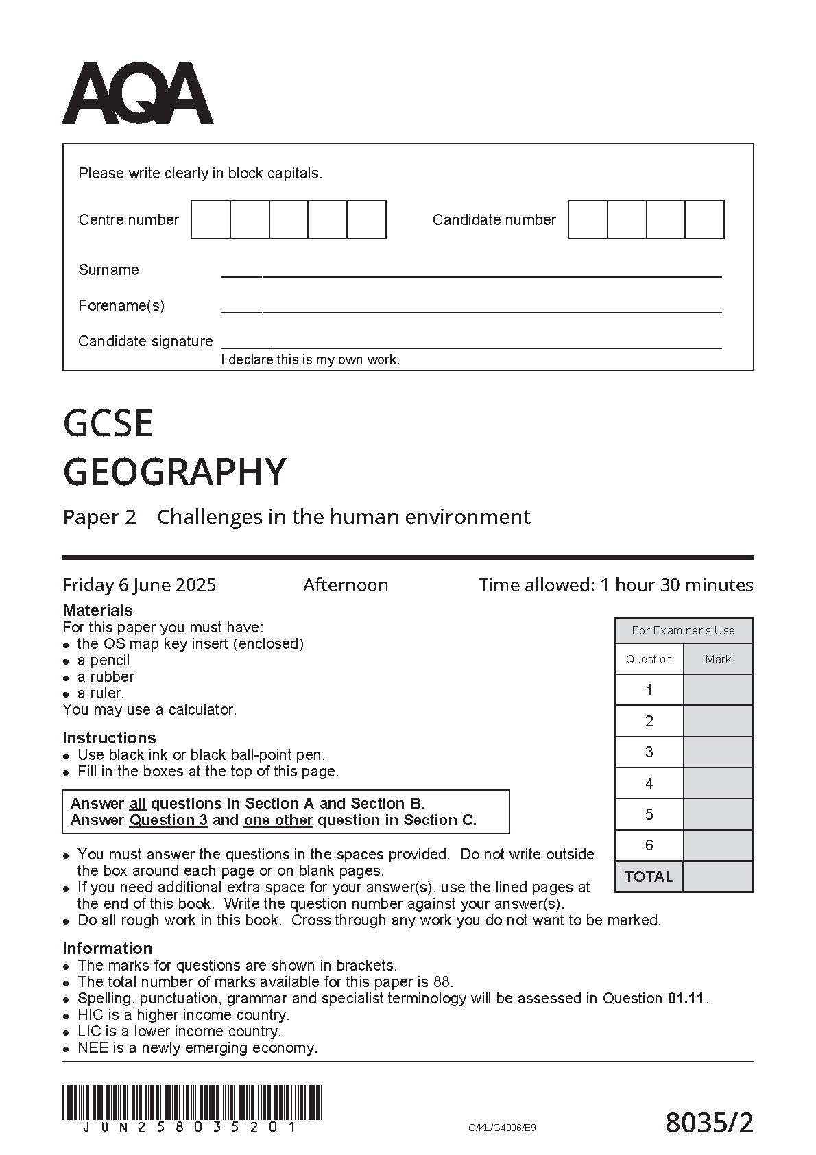 AQA GCSE Geography Paper 2 2025 Question Paper