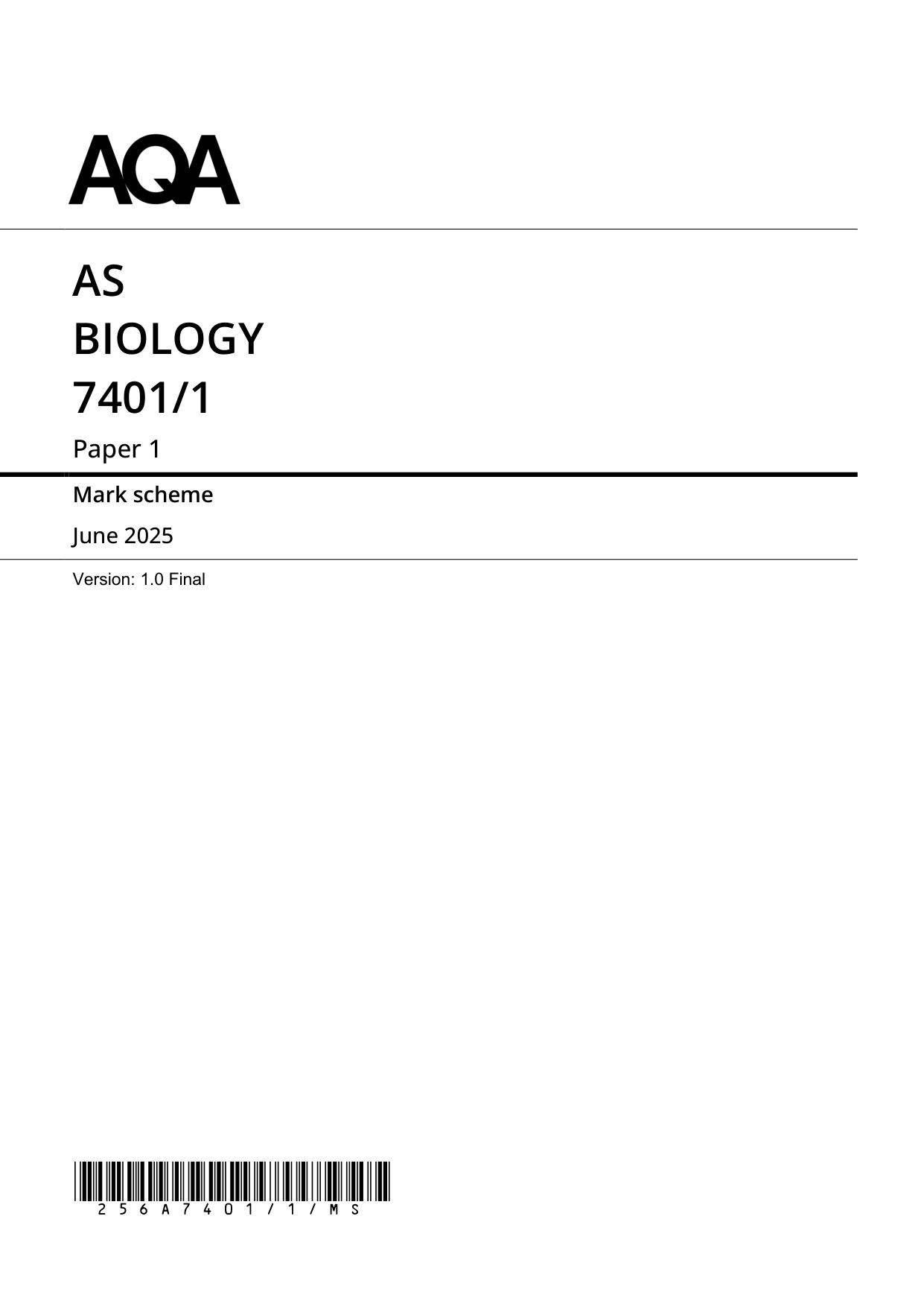 AQA AS Biology Paper 1 2025 Mark Scheme PDF