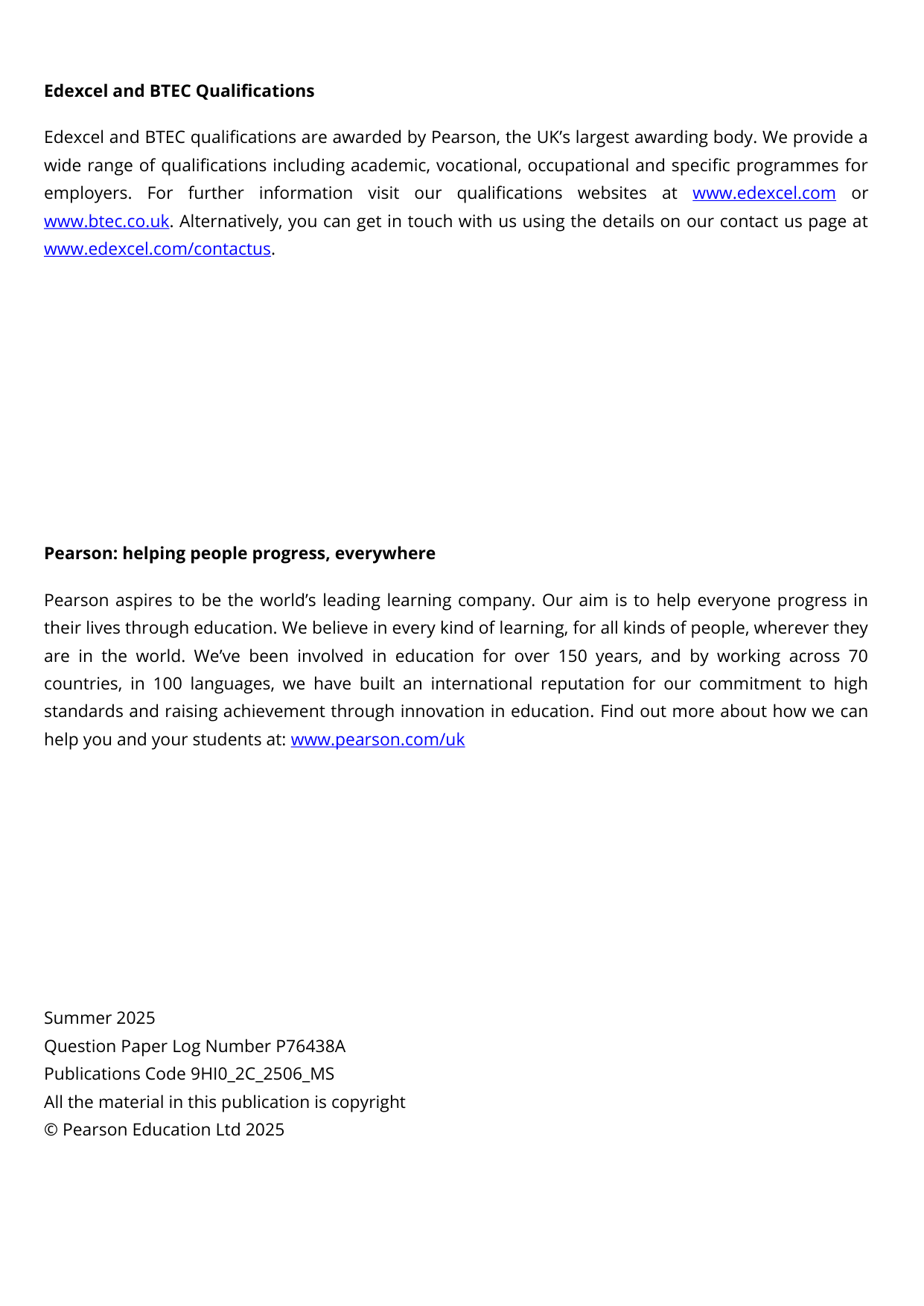 Pearson Edexcel A Level History Paper 2C 2025 Mark Scheme