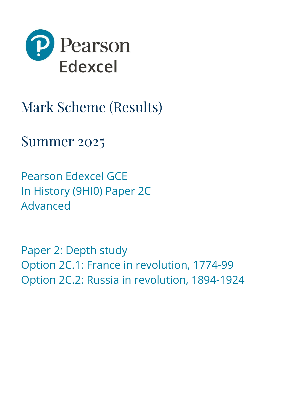 Pearson Edexcel A Level History Paper 2C 2025 Mark Scheme