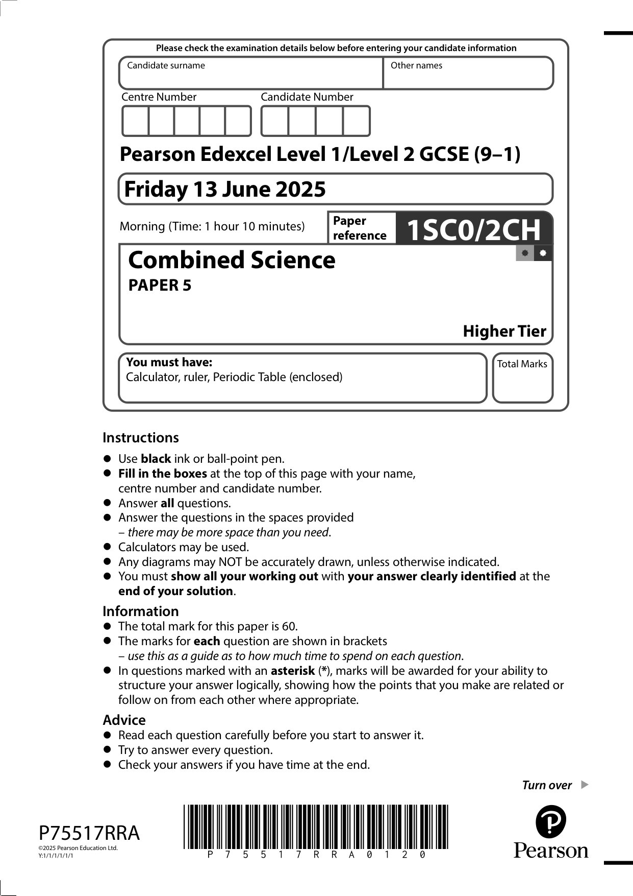 Pearson Edexcel GCSE Combined Science Paper 5  2025 QP
