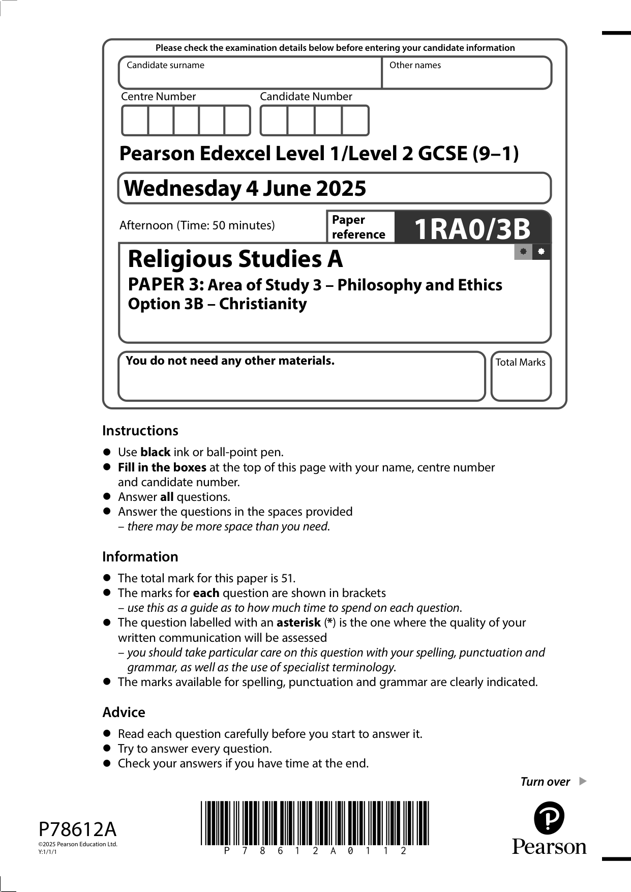 Pearson Edexcel GCSE Religious Studies Paper 3b 2025 QP
