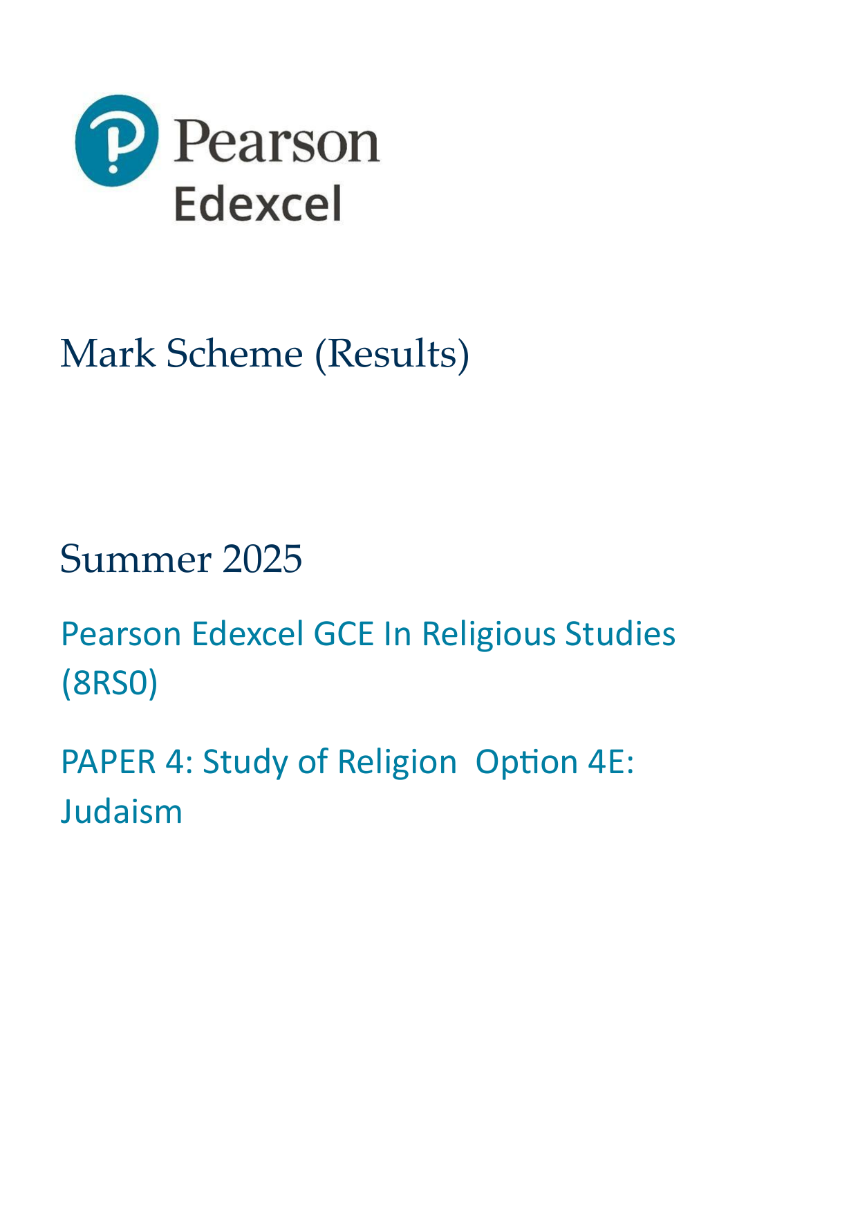 Pearson Edexcel AS Religious Studies Paper 4E 2025 Ms