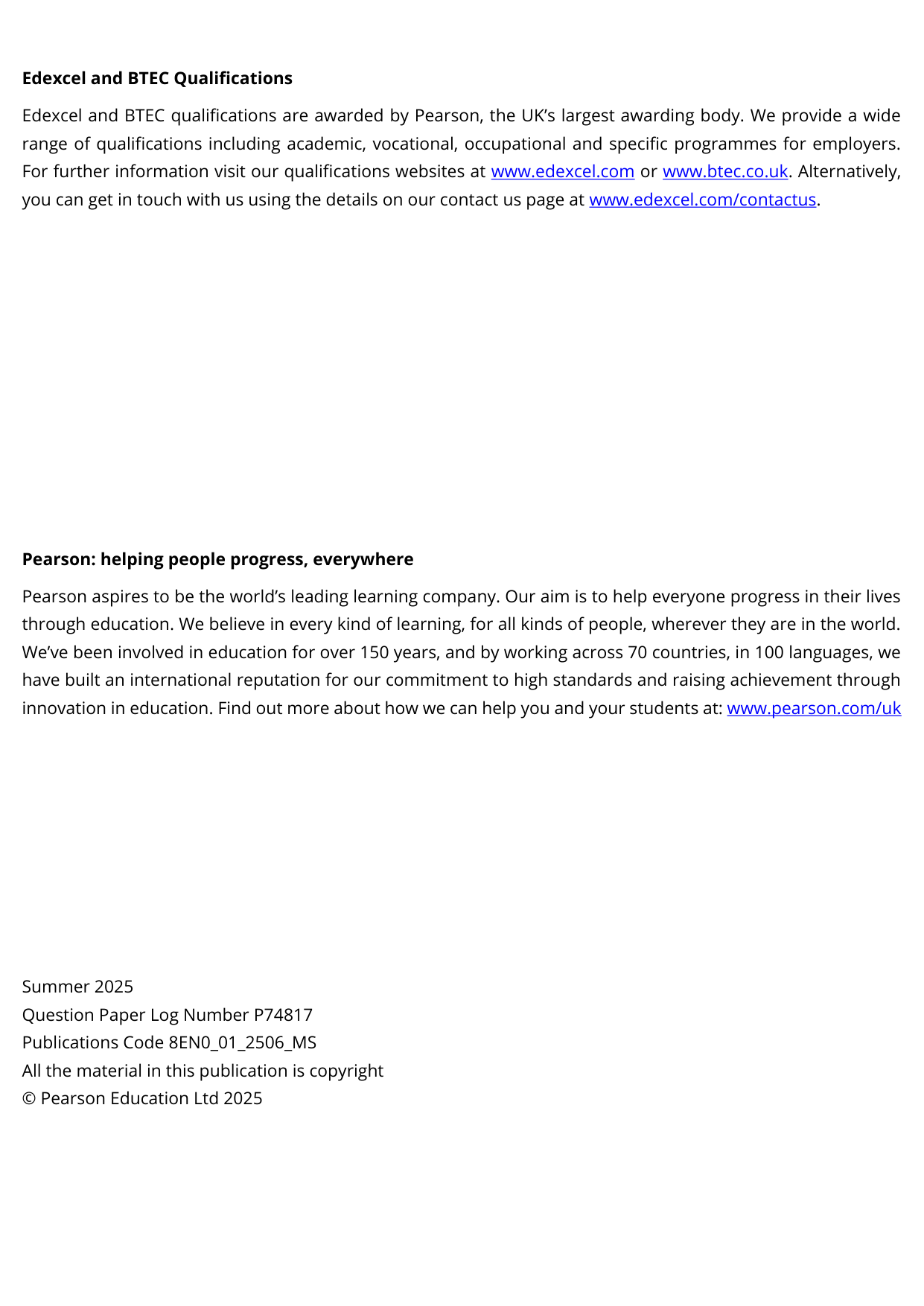 Pearson Edexcel AS English Language Paper 1 2025 Mark scheme