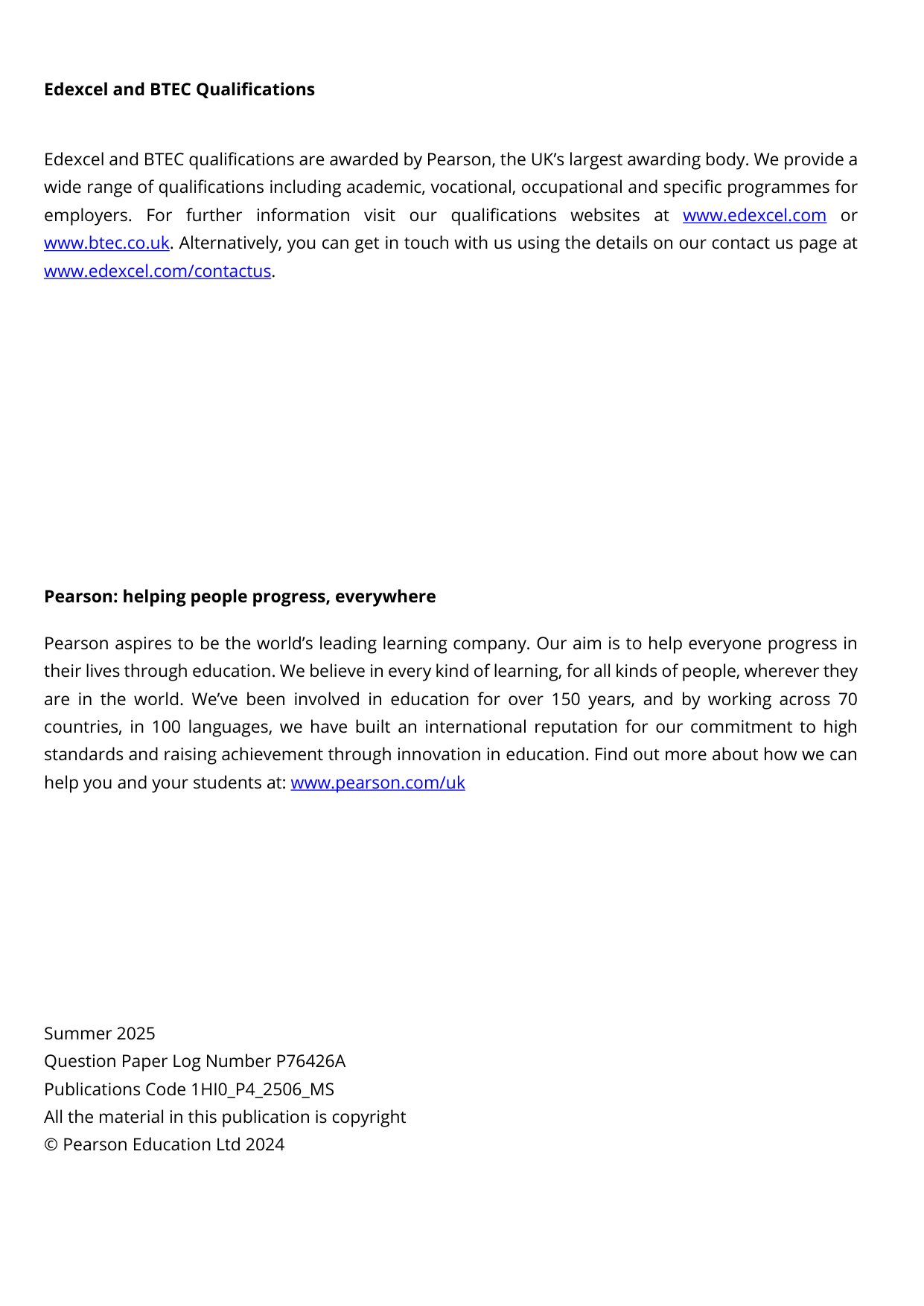 Pearson Edexcel GCSE History Paper P4 2025 Mark Scheme