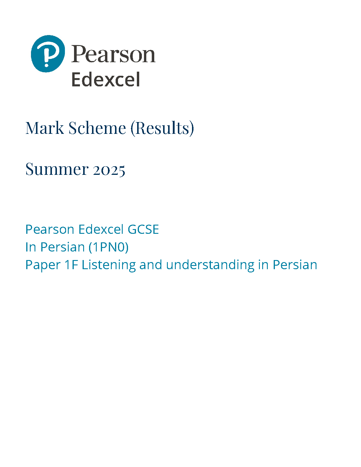 Pearson Edexcel GCSE Persian Paper 1F 2025 Mark Scheme PDF IMG-1