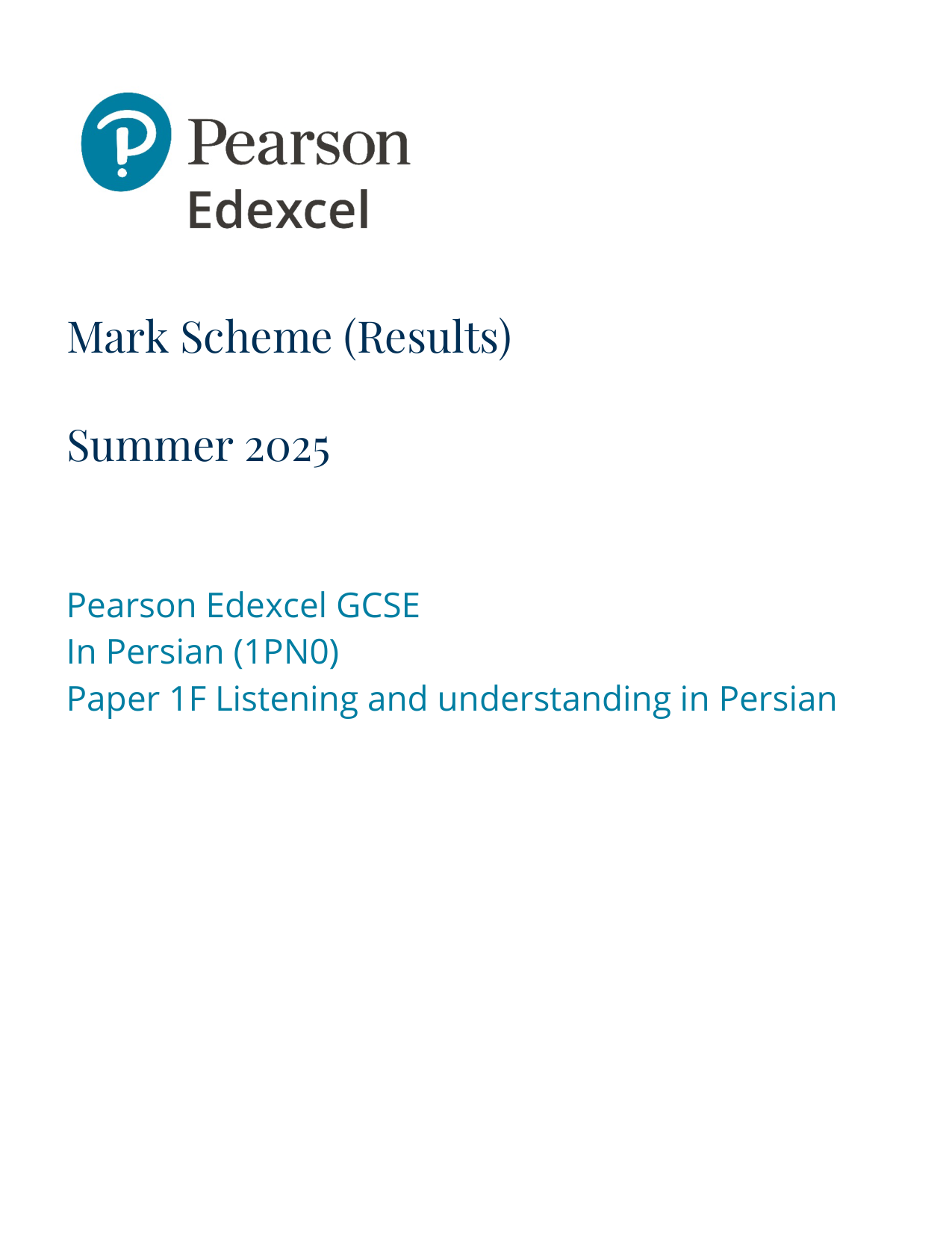 Pearson Edexcel GCSE Persian Paper 1F 2025 Mark Scheme PDF