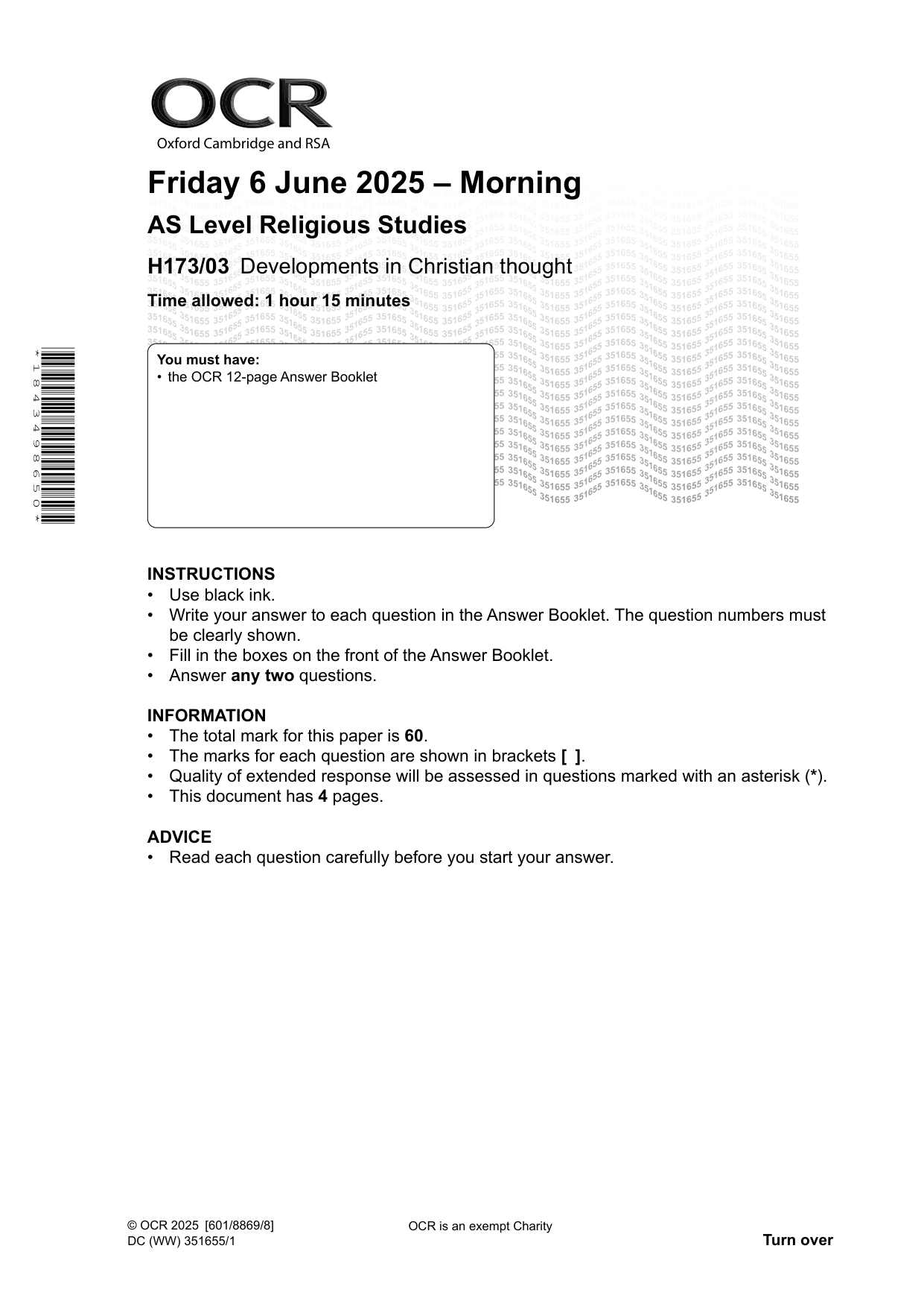 OCR AS Religious Studies Paper 3 2025 Question Paper