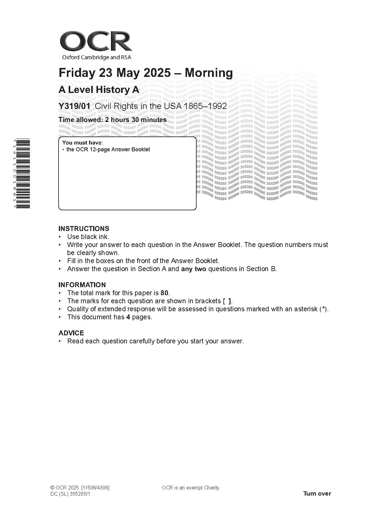 OCR A Level History A Civil Rights USA 2025 Question Paper