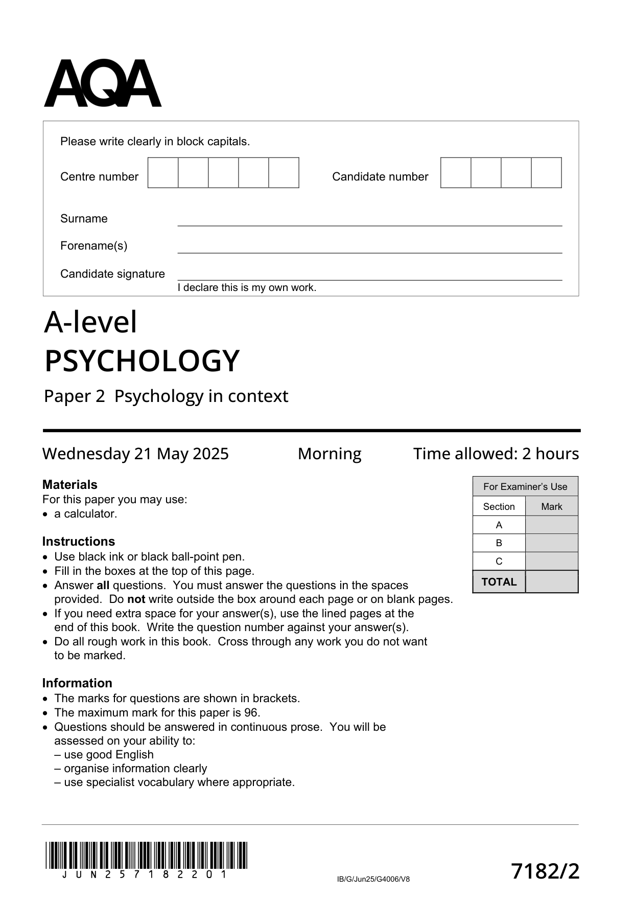 AQA A Level Psychology Paper 2 2025 Question Paper