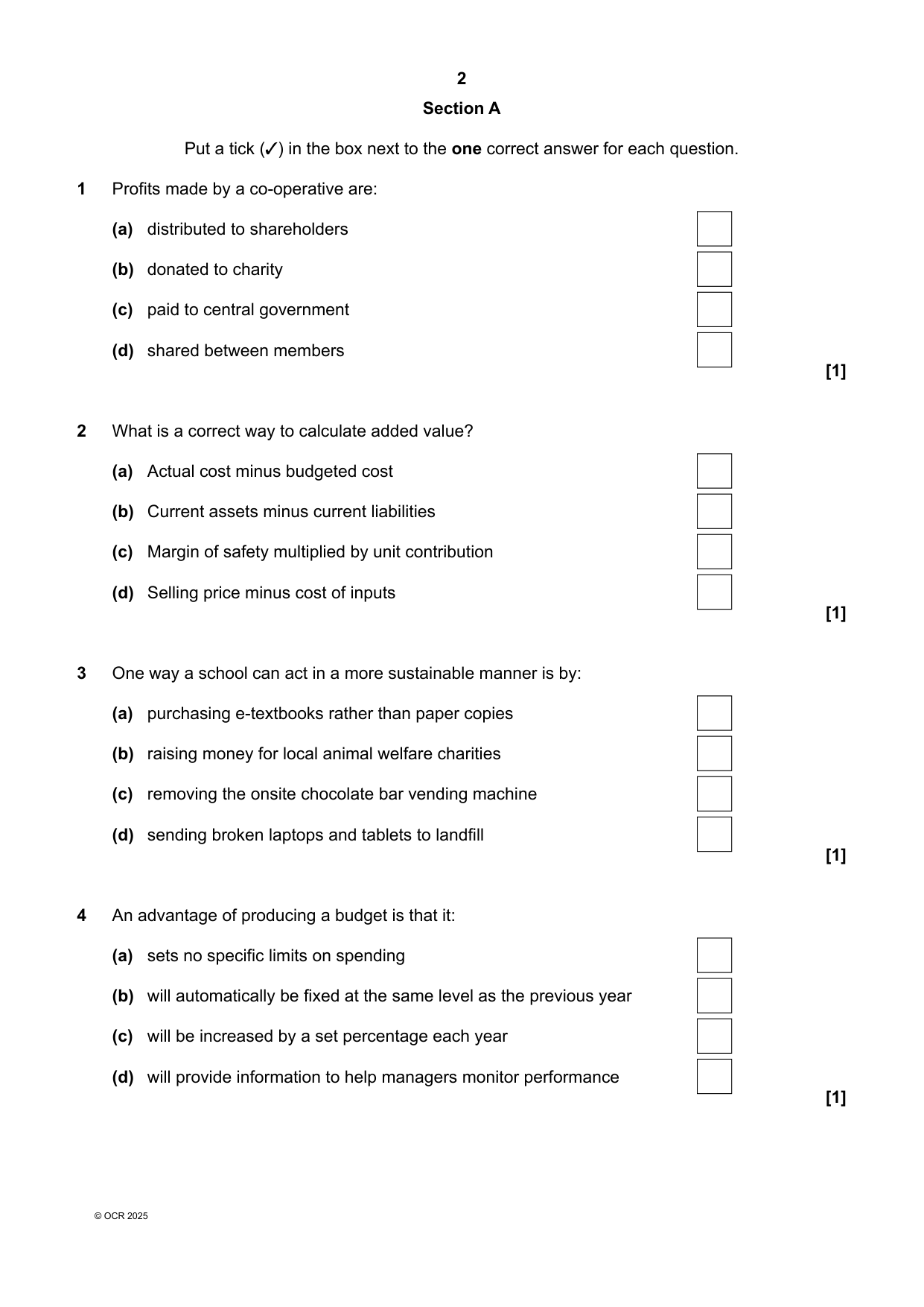 OCR A Level Business Paper 1 2025 Question Paper