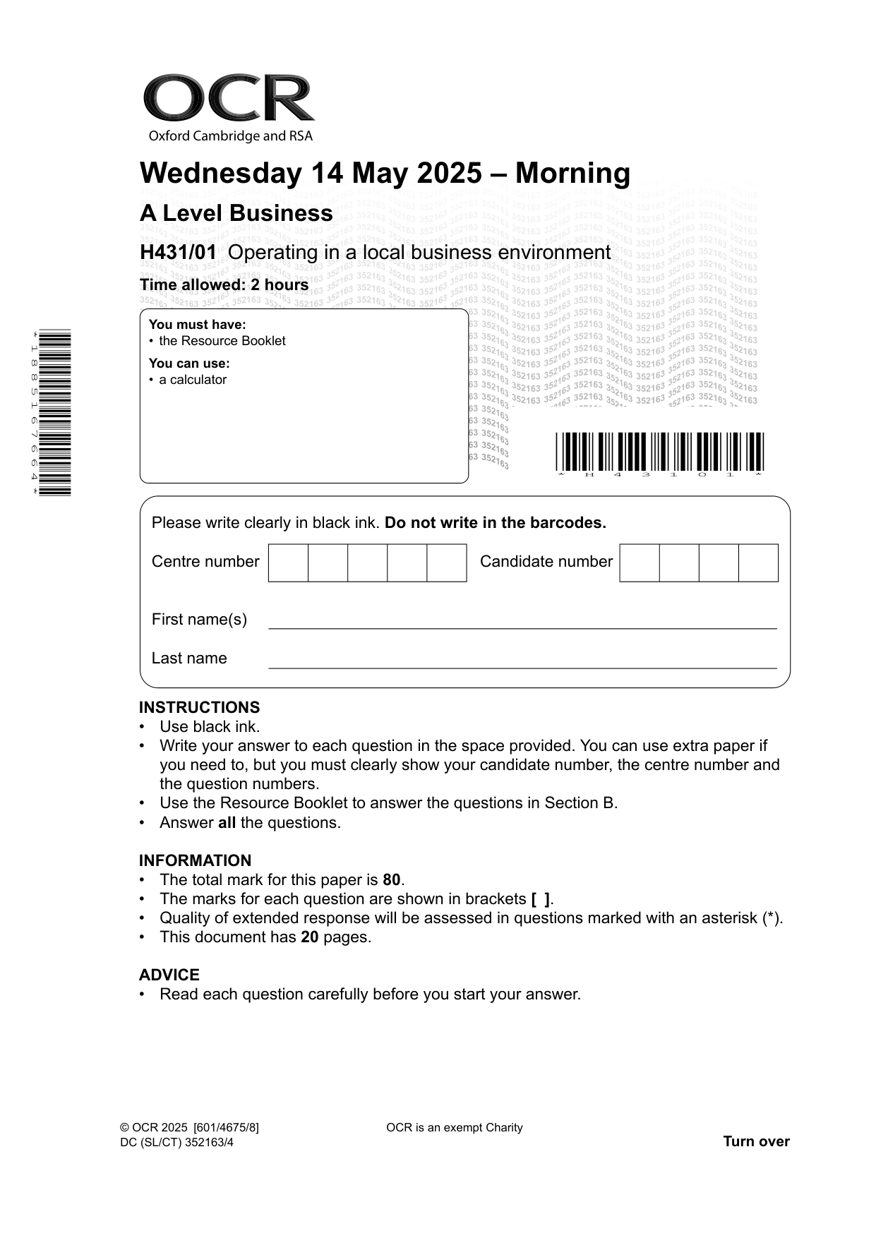 OCR A Level Business Paper 1 2025 Question Paper