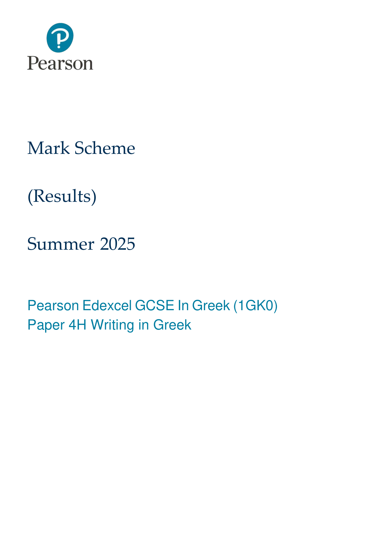 Pearson Edexcel GCSE Greek Paper 4H 2025 Mark Scheme PDF