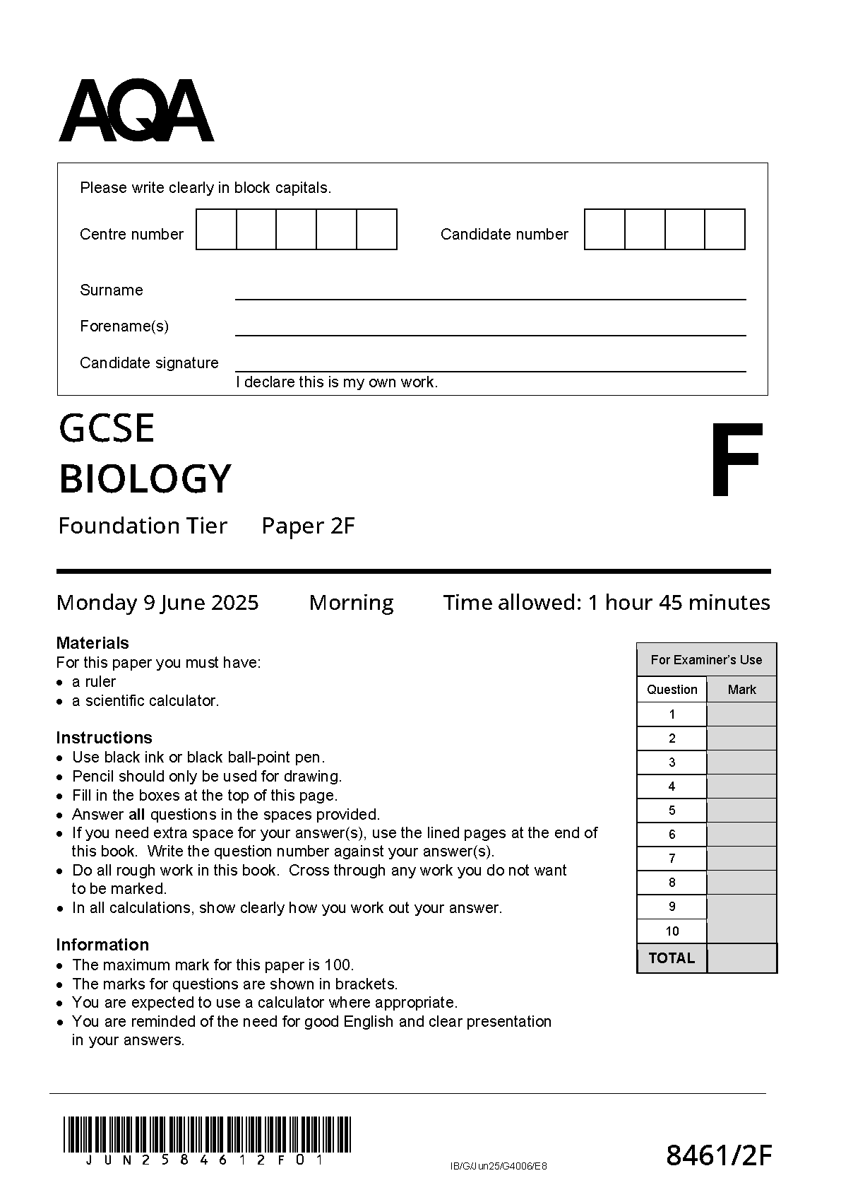 AQA GCSE Biology 2F 2025 Question Paper PDF IMG-1