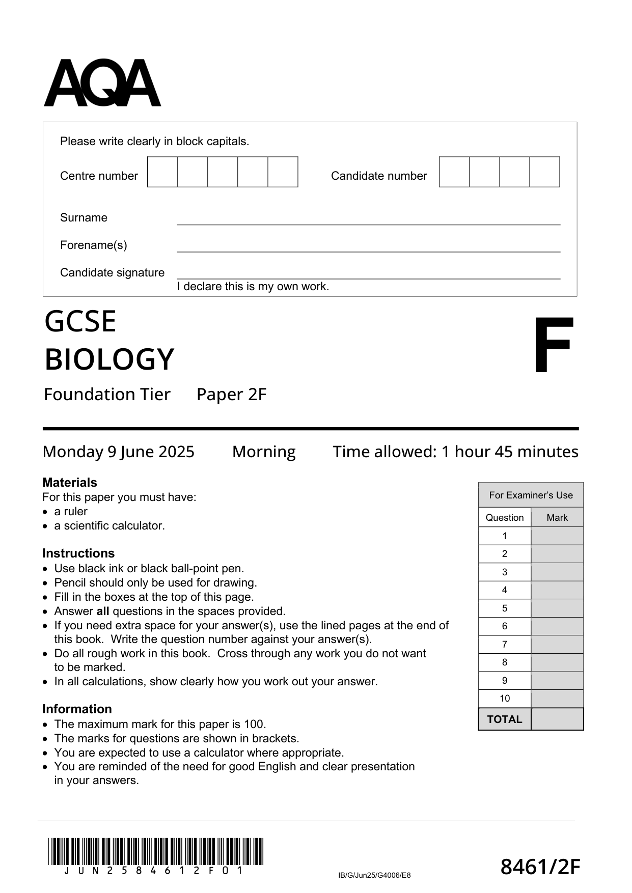 AQA GCSE Biology 2F 2025 Question Paper PDF